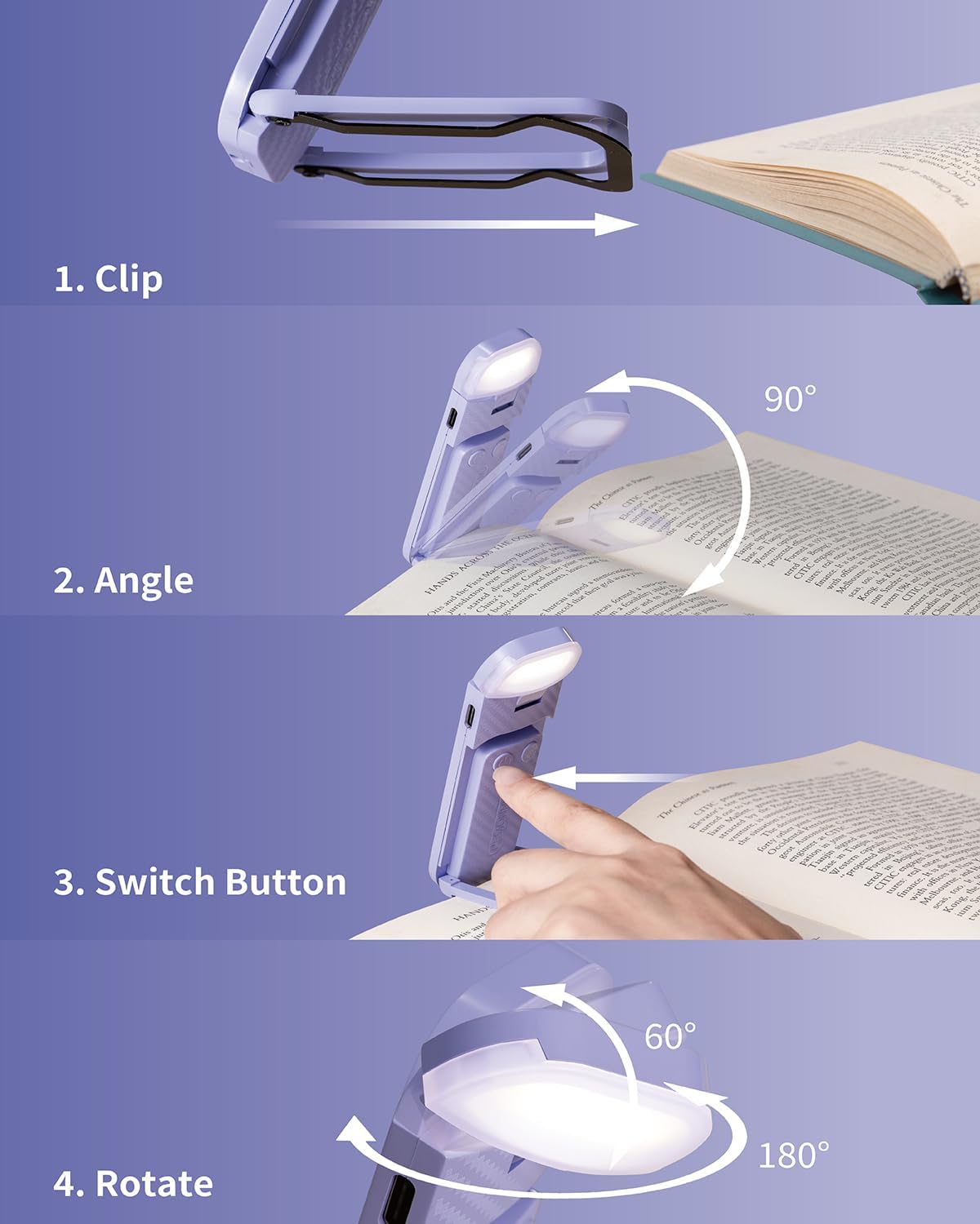 Rechargeable Clip-On Book Light for Reading in Bed - Adjustable Brightness, Romantic Purple LED Night Light - Perfect for Nighttime Reading, Studying, or Relaxing Before Sleep