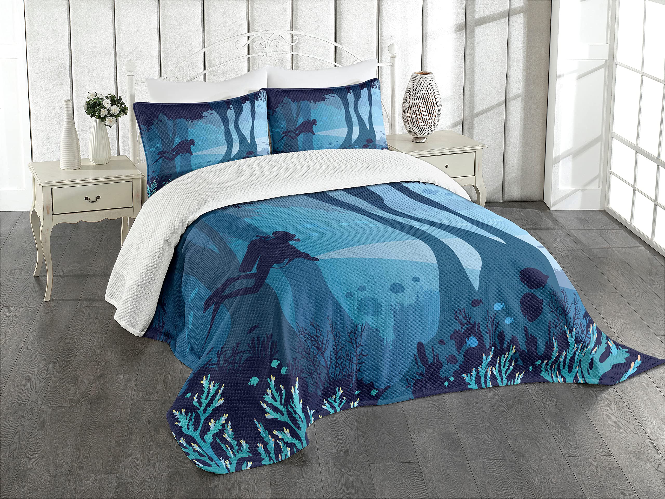 Ambesonne Diver Bedspread Set - King Size Night Blue Underwater Cave Coral Reef Fish Design | 3-Piece Quilted Coverlet with 2 Pillow Shams | Perfect for Beach House Decor, Ocean Theme Bedroom & Scuba Diving Enthusiasts