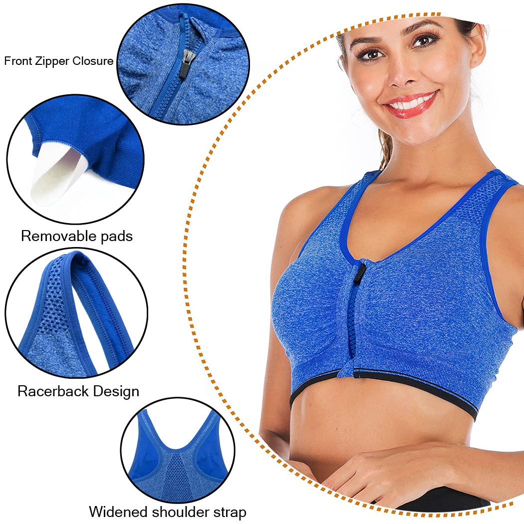 FLORATA Women's Zip Front Sports Bra - Wireless Post-Surgery Bra with Removable Pads for Yoga, Running & Gym Workouts | Comfortable Support for Active Lifestyles