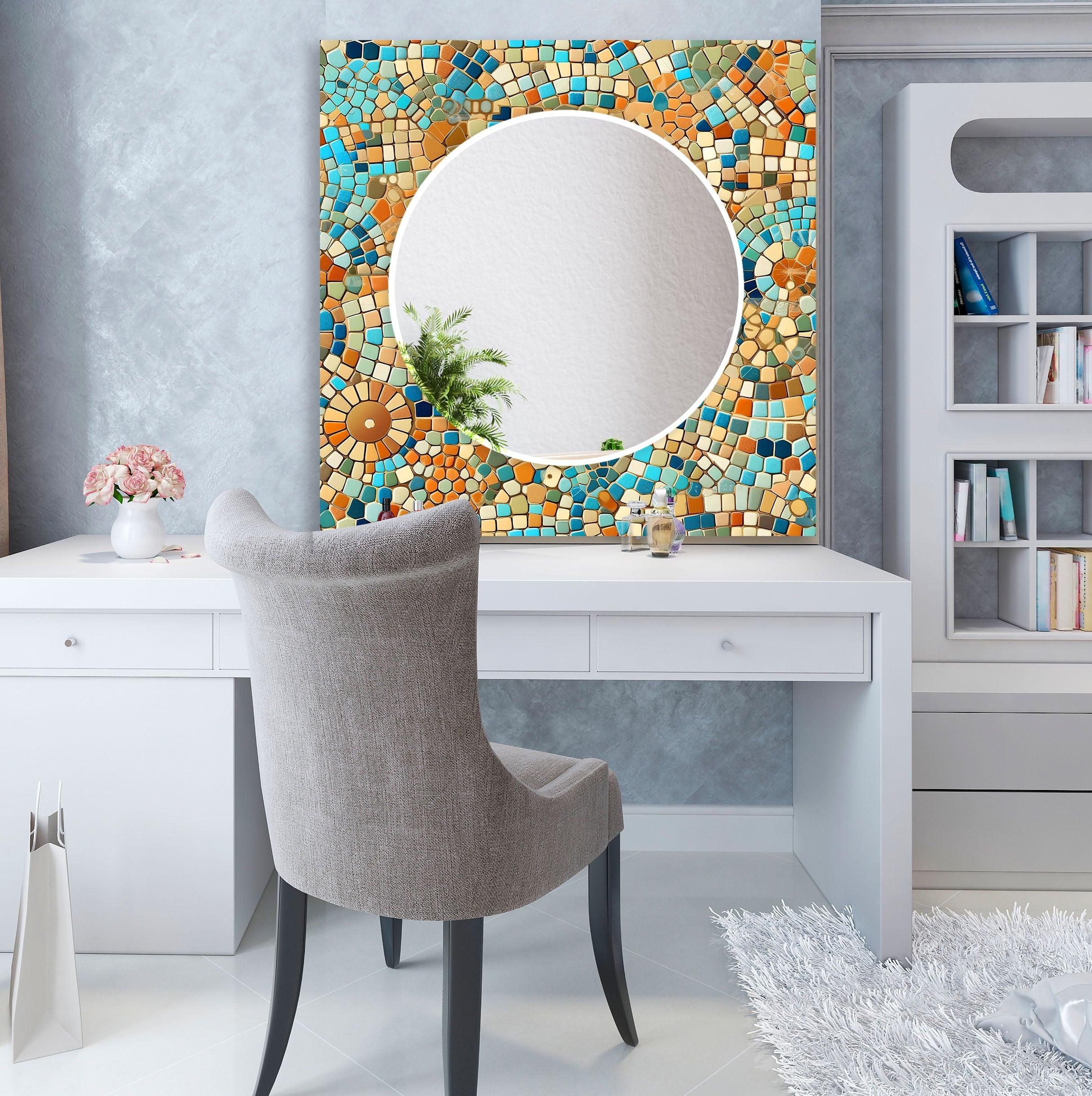 Beige and Blue Mosaic Wall Mirror - Handmade Decorative Bathroom Vanity Mirror - Perfect for Bedroom, Living Room & Entryway Décor