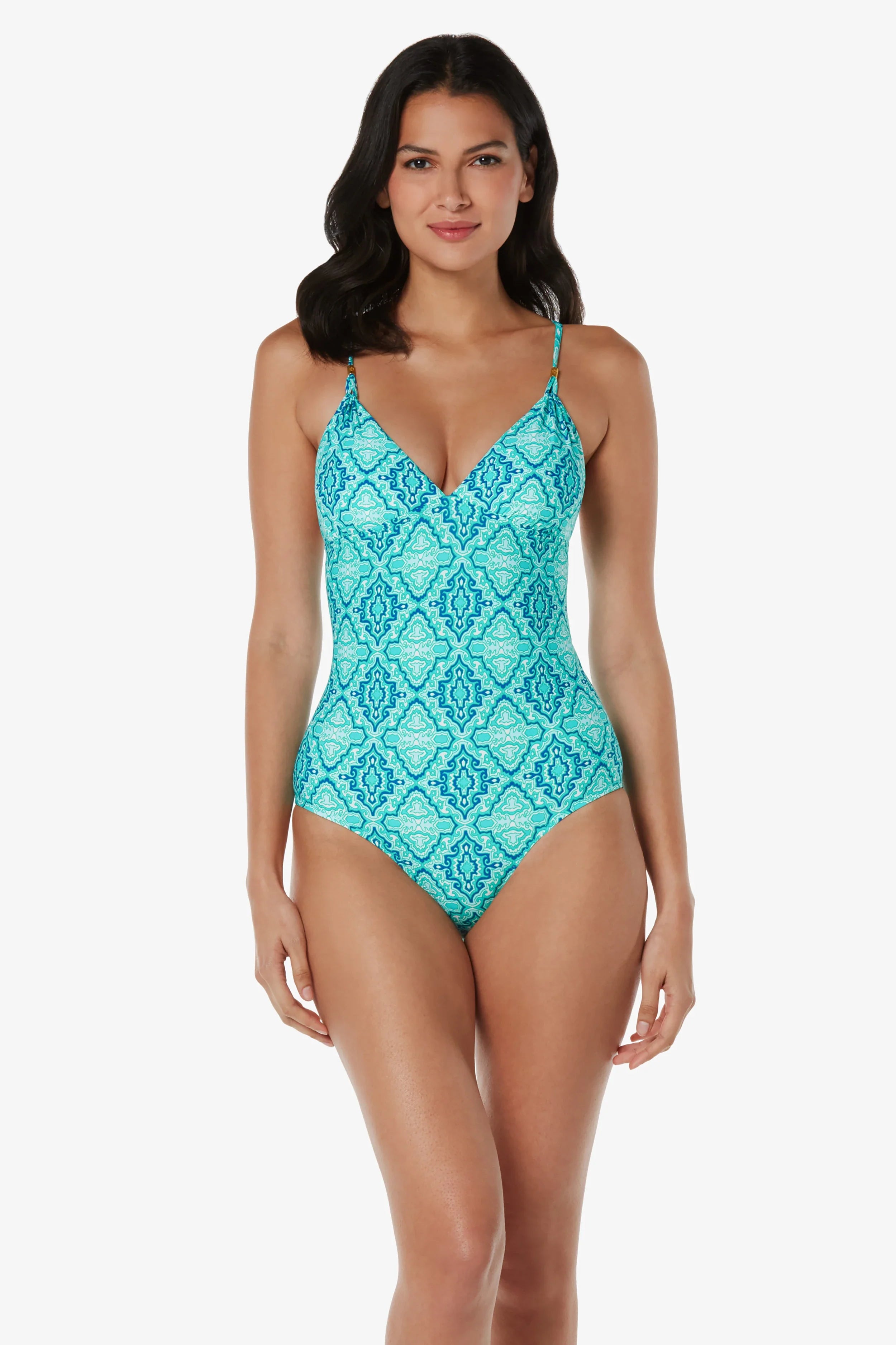 Elegant Tie Back One Piece Swimsuit | Marbella Tile Print | Perfect for Beach Vacations & Pool Parties