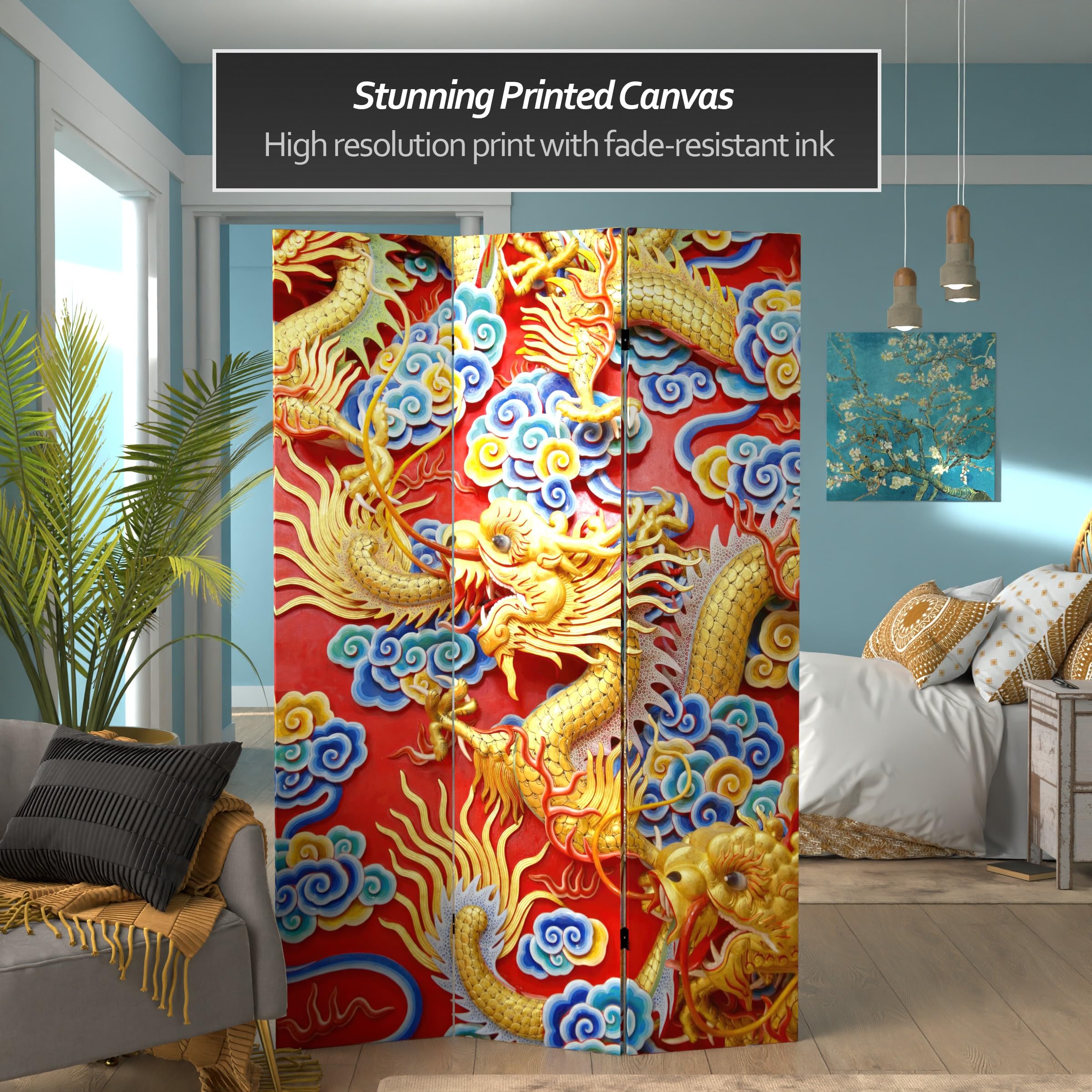 6 ft. Tall Double-Sided Red Lantern Dragon Room Divider - Black, White & Orange | Chinese Style Decorative Screen for Living Room, Bedroom & Office Partition