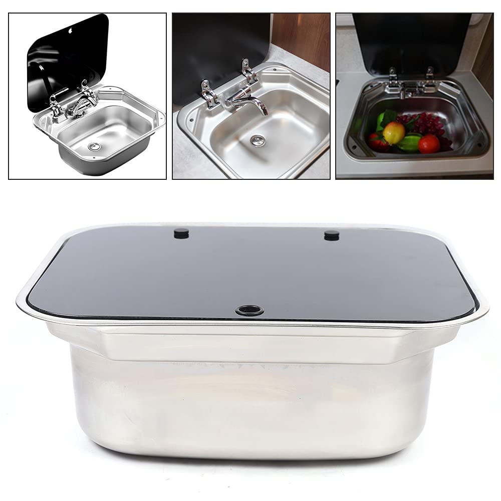 Stainless Steel RV Kitchen Sink with Glass Lid & Hot/Cold Faucet - Single Bowl Basin for Caravans, Motorhomes, Boats & Campers | Durable Outdoor Cooking & Hand Washing Solution