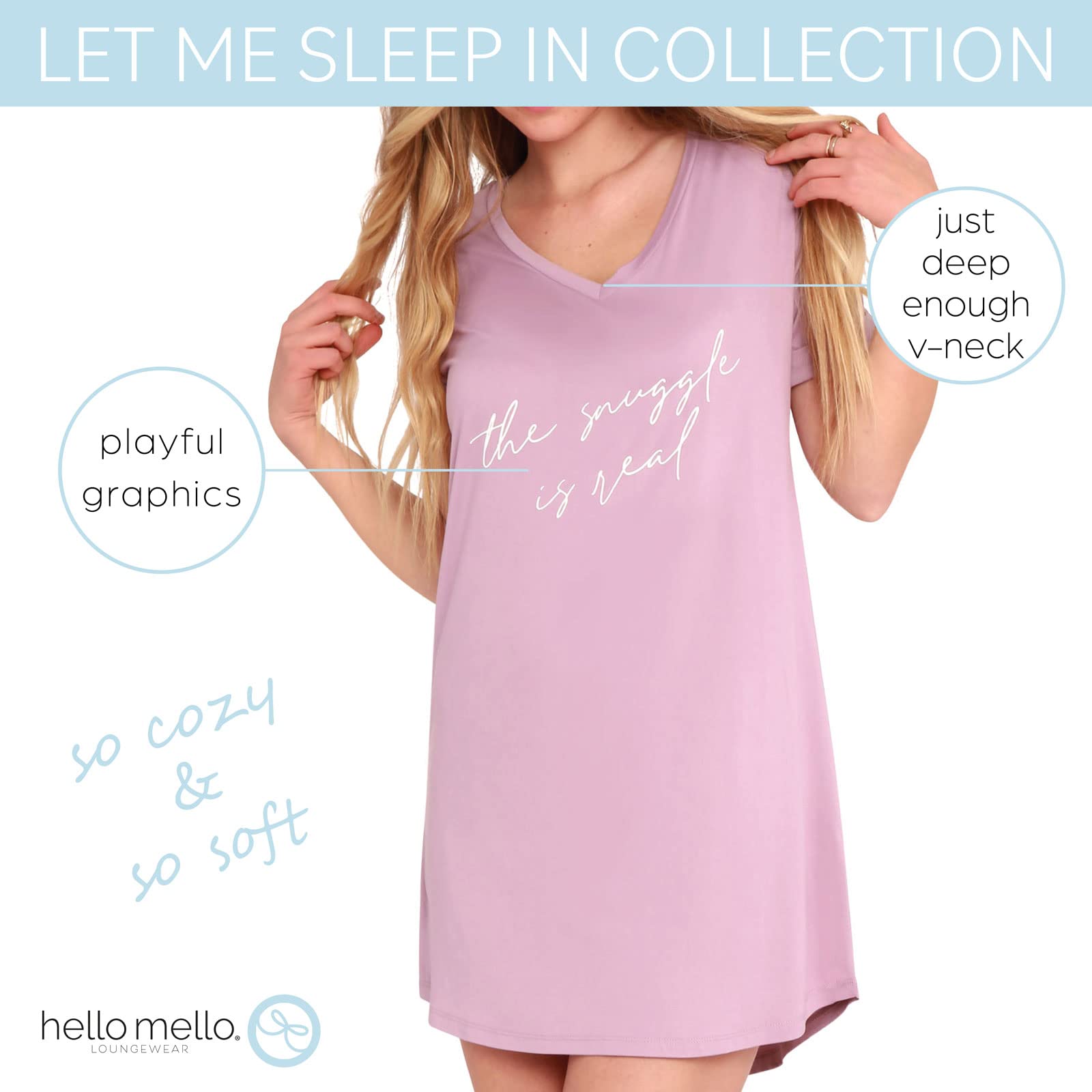 Hello Mello Women's Soft V-Neck Sleep Shirt - Comfortable Nightwear for Relaxing at Home & Lounging