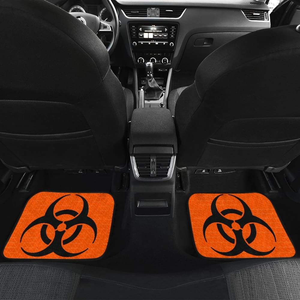 Black Biohazard Sign Orange Background Car Floor Mats - Non-Slip Rubber Car Mats for Sedans, SUVs & Trucks - Perfect for Halloween Decor, Cosplay & Car Enthusiasts