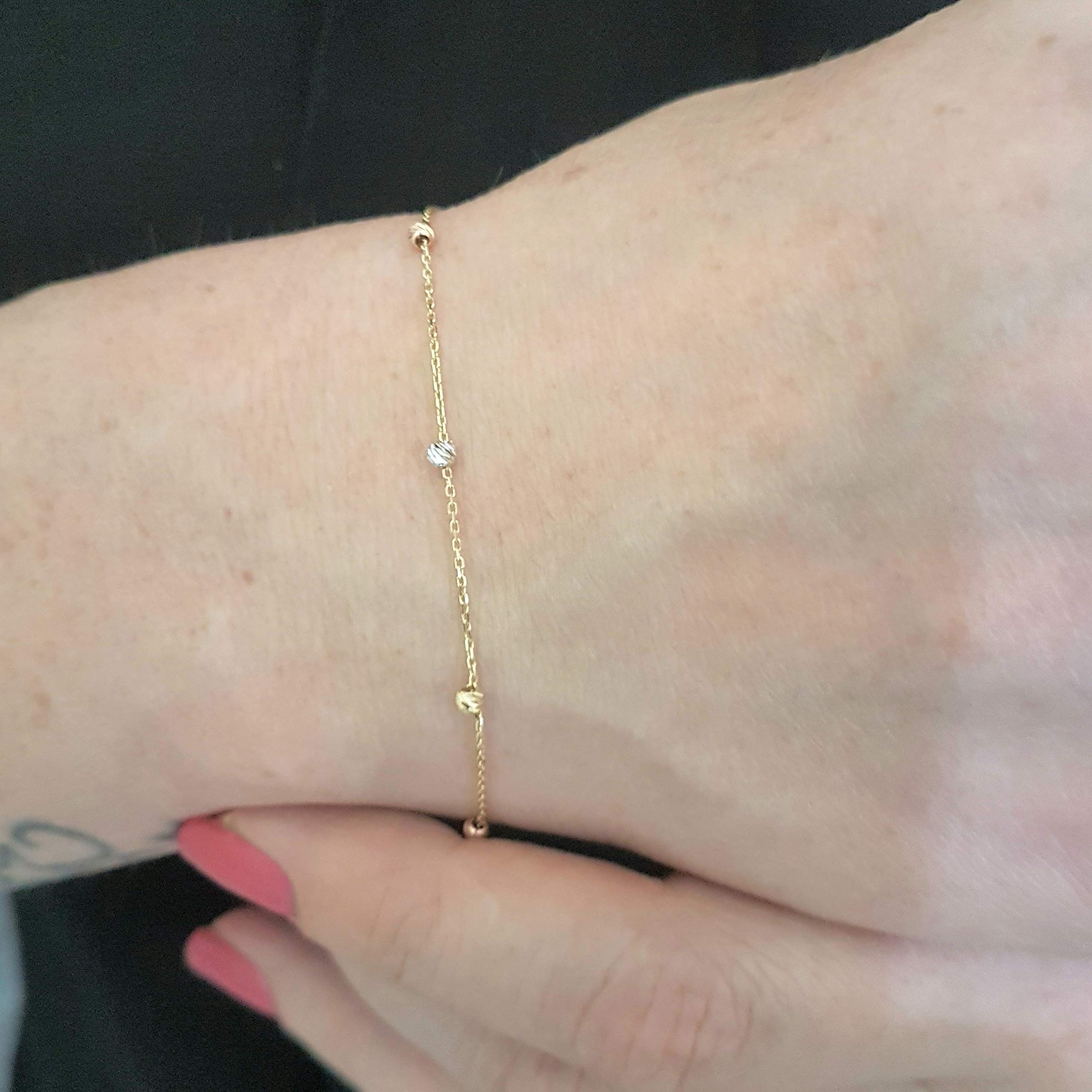 14K Real Solid Gold Single Row Beaded Ball Chain Bracelet for Women - Elegant Dainty Jewelry Gift for Her - Perfect for Everyday Wear, Special Occasions & Gifts