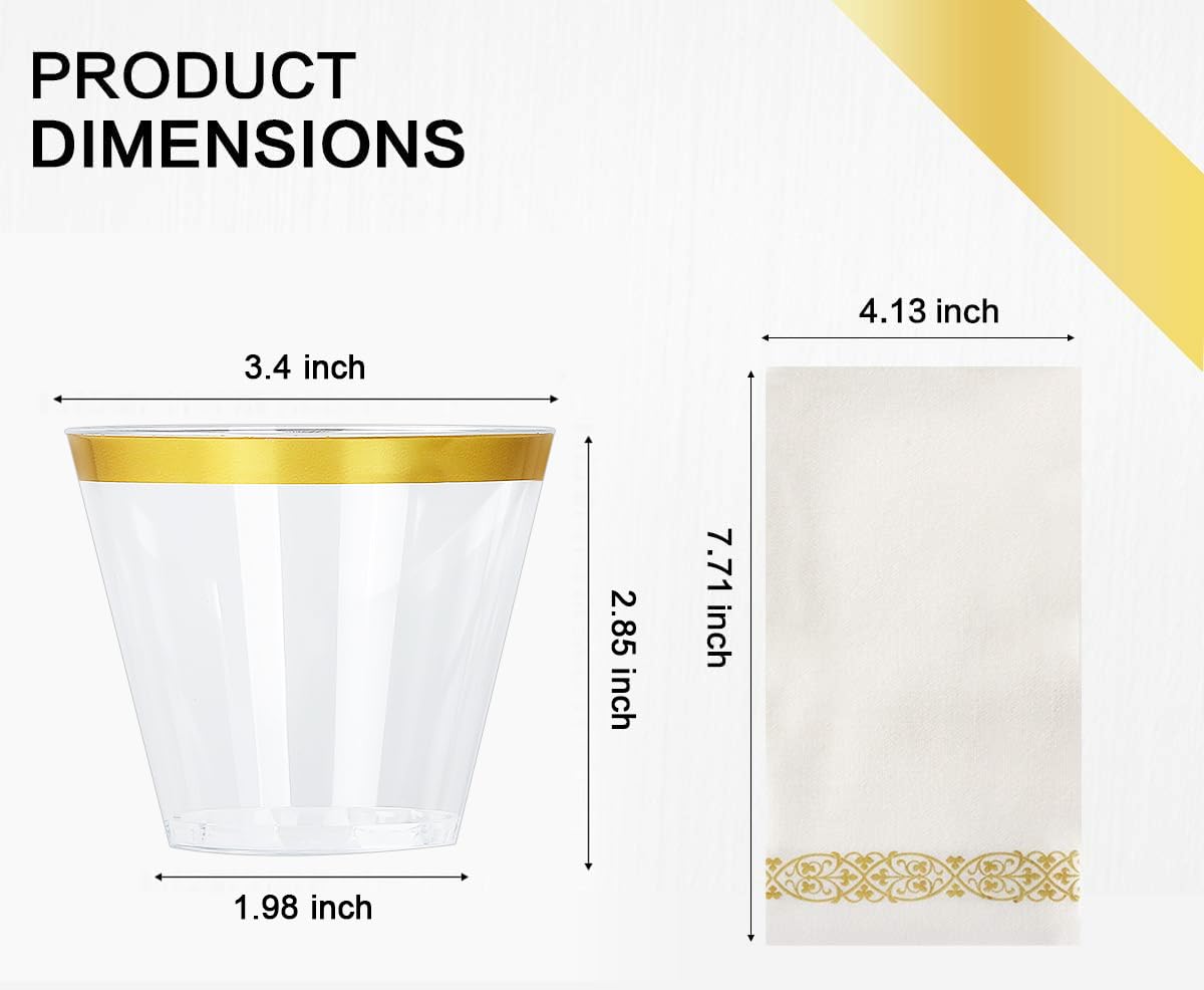 175-Piece Gold Disposable Dinnerware Set - 50 Gold Rim Plastic Plates, 25 Gold Plastic Silverware, 25 Gold Plastic Cups & 25 Gold Paper Napkins - Elegant Party Tableware for Weddings, Birthdays & Special Events