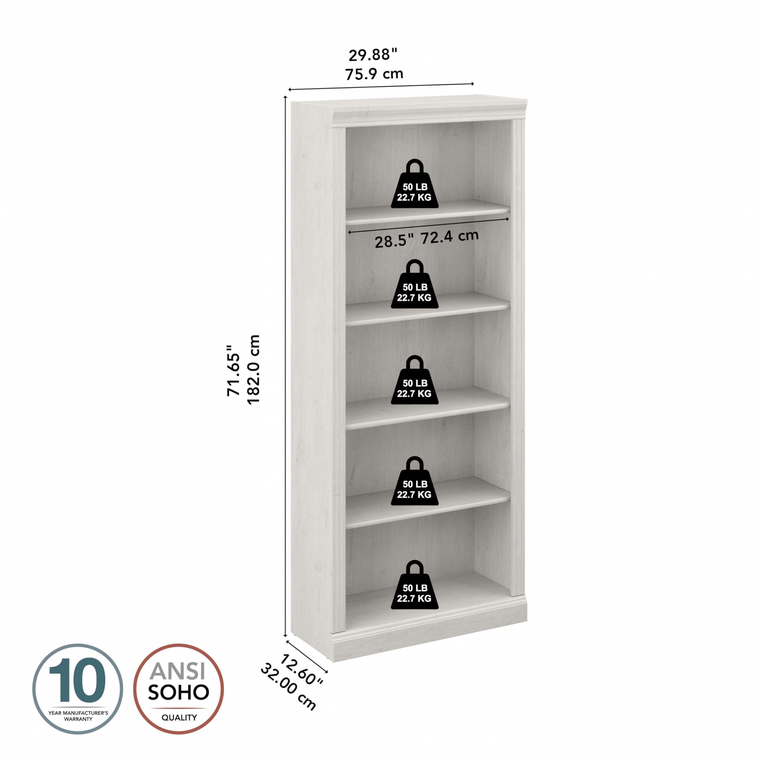 Bush Furniture Saratoga 5-Shelf Tall Bookcase in Linen White Oak - Home Office Organizer & Vertical Storage Solution for Books, Office Supplies - Perfect for Living Room, Bedroom or Study Room Bookshelf