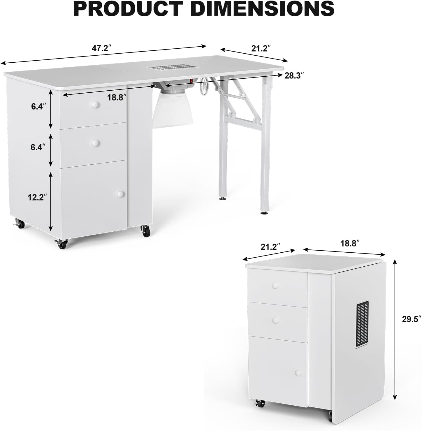 Foldable Manicure Table with Built-in Dust Collector - Adjustable Nail Desk with Wrist Pad & Lockable Wheels - Portable Nail Tech Station for Home Salon & Professional Use (White)