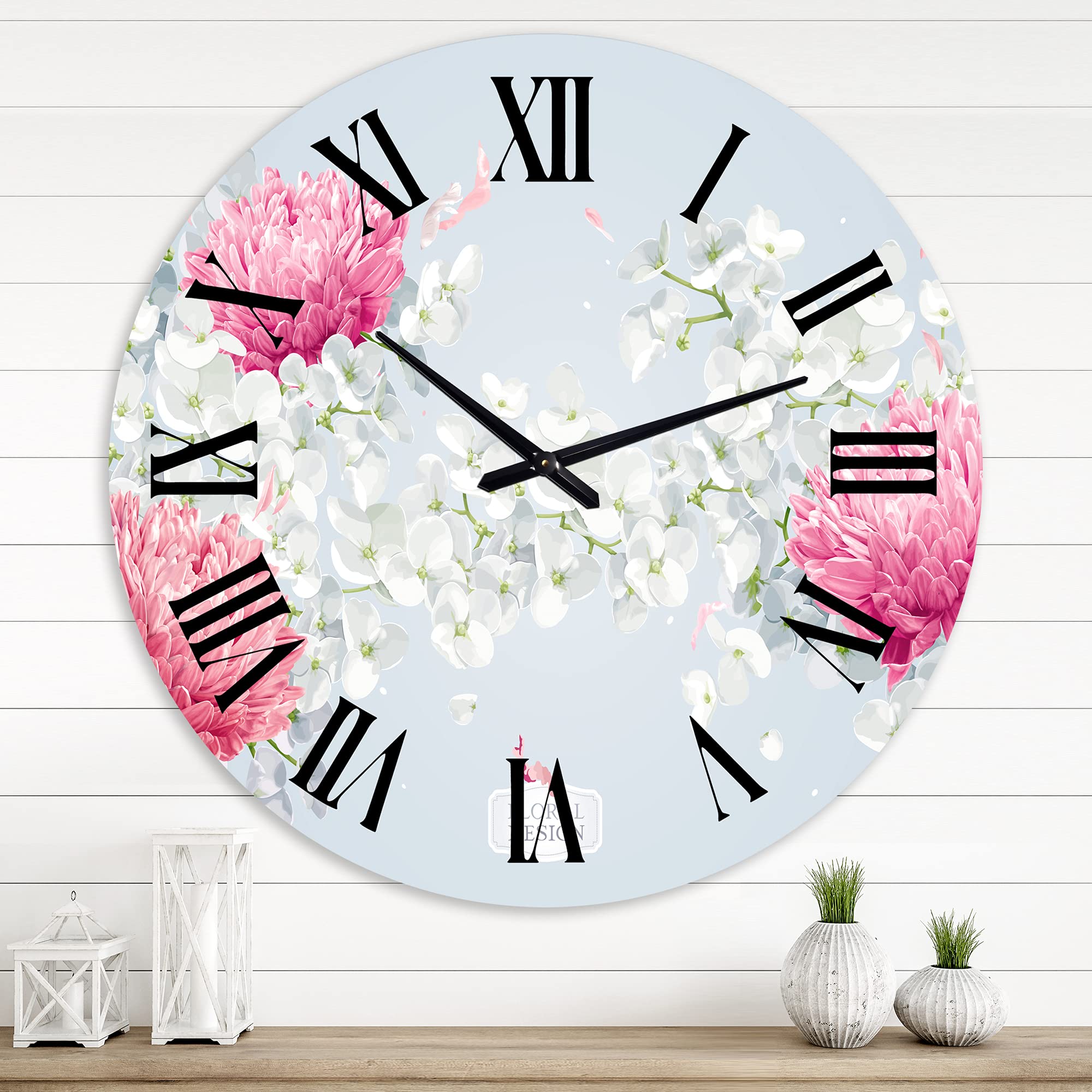 DesignQ Traditional Floral Wall Clock - Large 'Chrysanthemums & Apple Blossom' Kitchen Decor | Perfect for Home, Office & Farmhouse Style Interiors