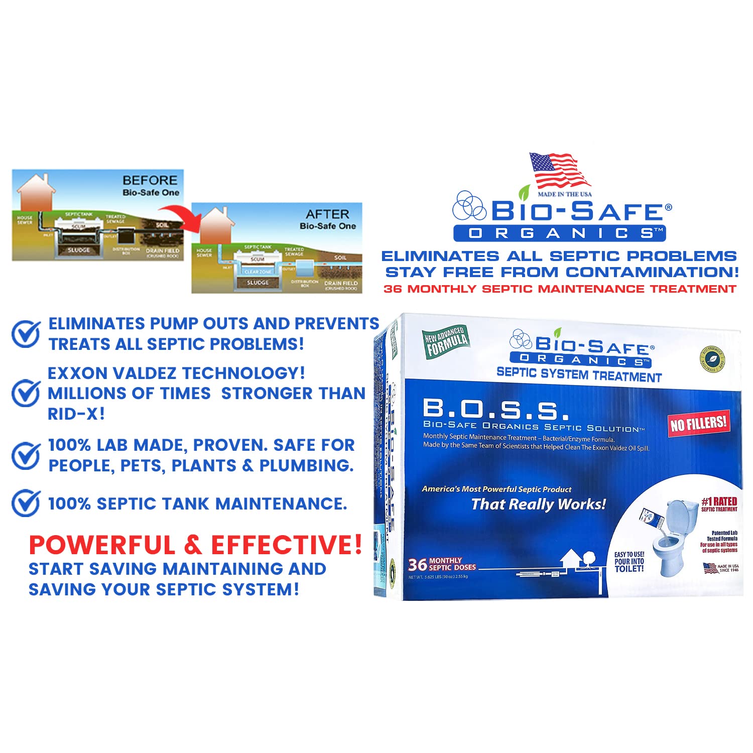 Bio-Safe Organics B.O.S.S Septic Tank Treatment - 36 Month Supply (2.5 oz Bags) | Patented Bacterial Enzyme Formula for All Septic Systems | Exxon Valdez Approved | Monthly Maintenance Solution | 100% Guaranteed | Ideal for Homeowners, RV Tanks & Rural Properties