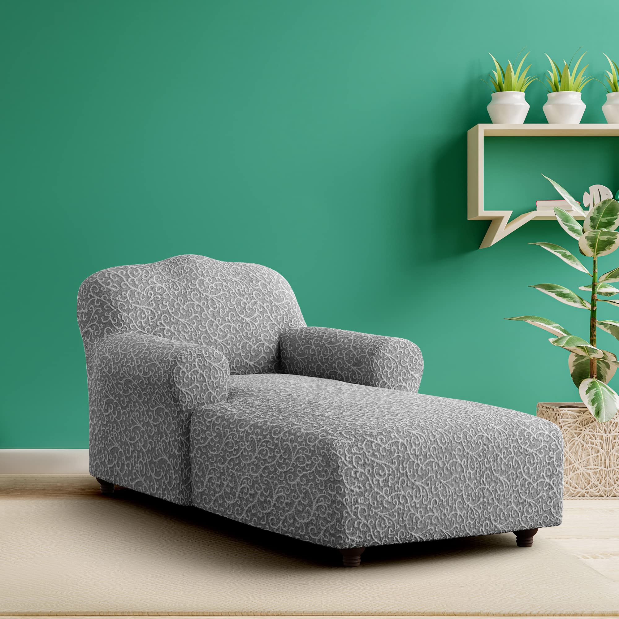 PAULATO BY GA.I.CO. Chaise Lounge Cover - Stretch Jacquard Slipcover for Sofa & Lounge Chair - Soft Fabric, 1-Piece Form Fit Furniture Protector - Grey Arabesco Pattern | Perfect for Living Room, Patio & Outdoor Furniture Protection