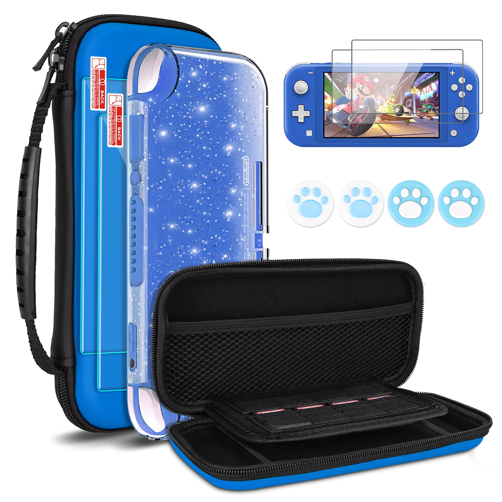 Premium Nintendo Switch Lite Carrying Case - 4-in-1 Travel Accessories Kit with Glitter Case, Screen Protectors & Thumb Grips (Blue) | Perfect for Gaming On-The-Go, Travel Protection & Enhanced Gameplay