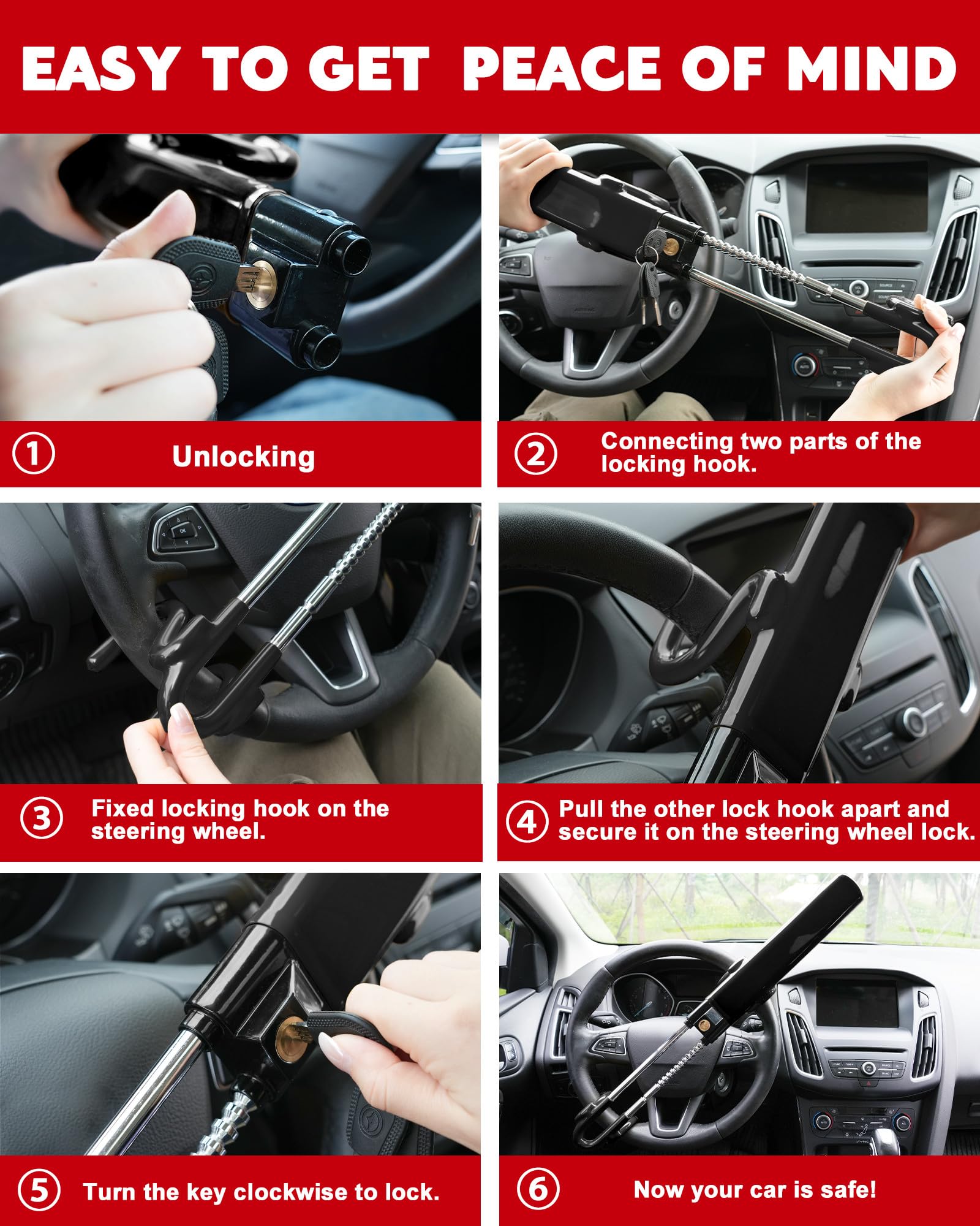 Tevlaphee Heavy Duty Steering Wheel Lock Anti-Theft Device - Adjustable Car Security Lock with 3 Keys for Vehicle & Truck Protection (Black) | Perfect for Parking Security & Theft Prevention
