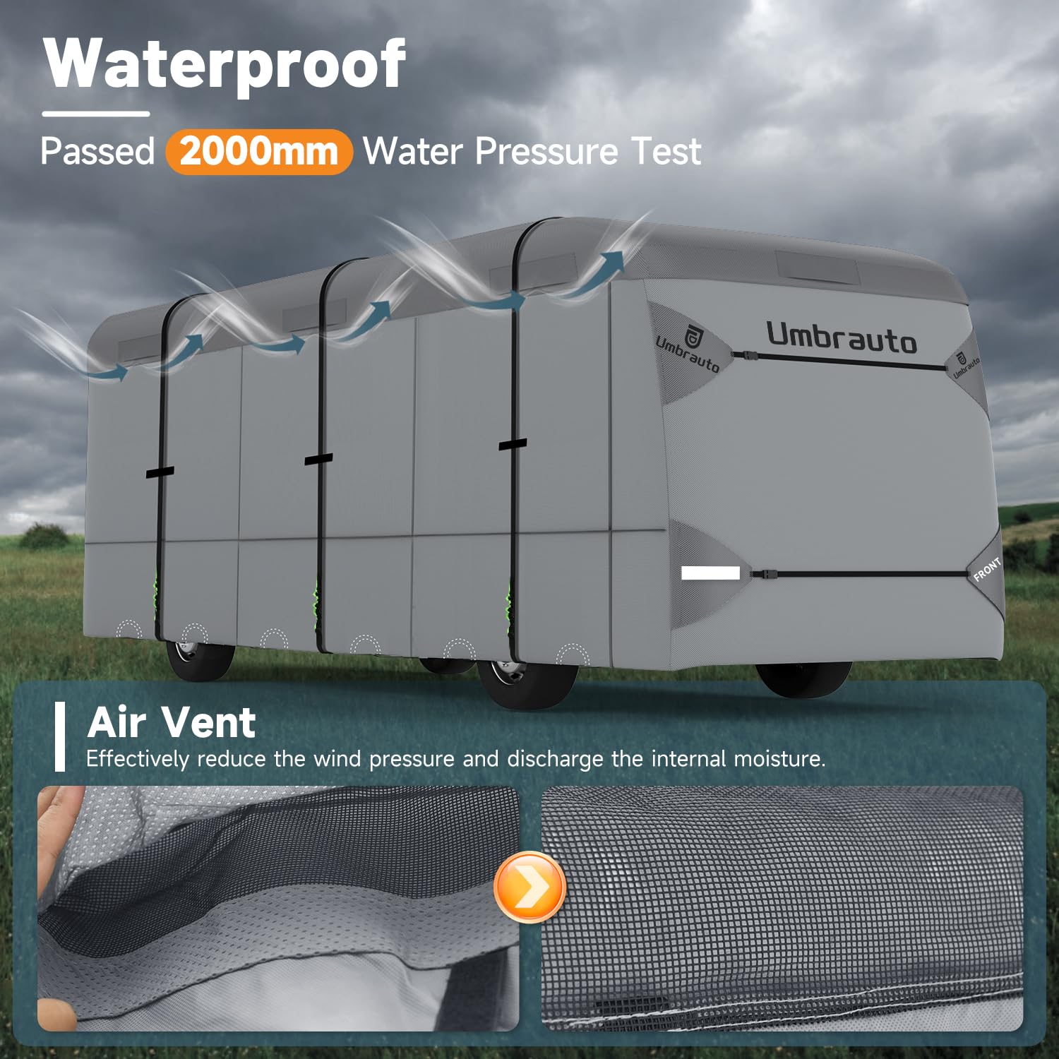 2024 Upgraded Umbrauto Class A RV Cover - 7-Layer Anti-UV, Windproof Motorhome Cover for 31'-34' RVs | Includes 2 Extra Straps, Repair Patches & 6 Gutter Covers | Perfect for Outdoor Storage & Winter Protection