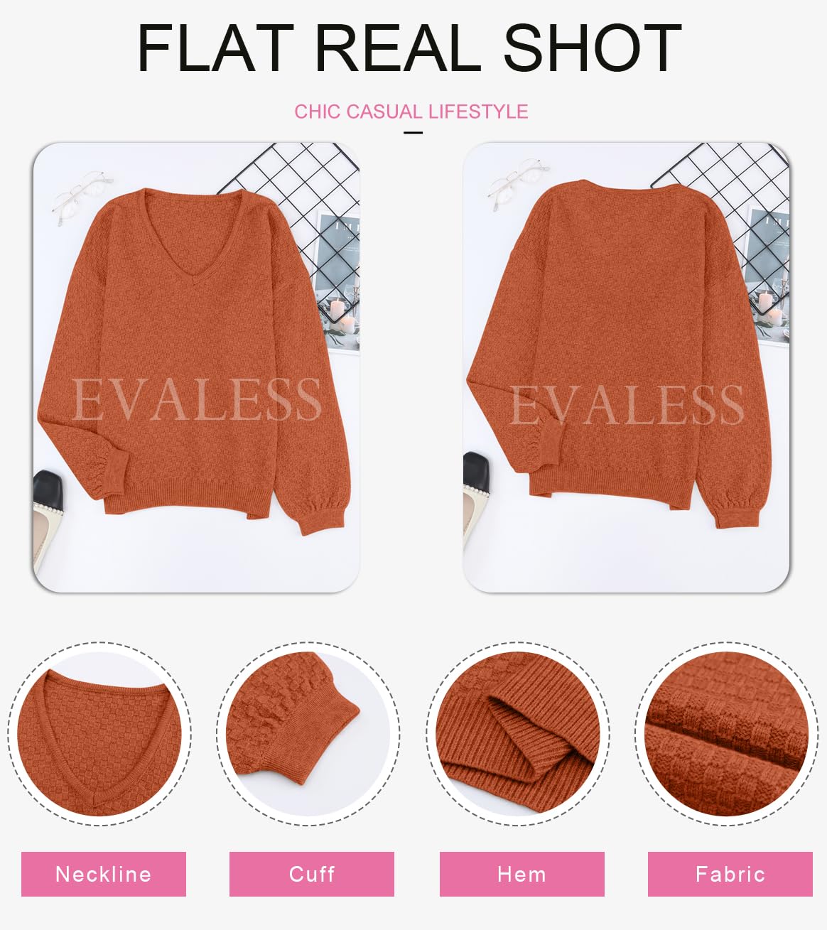 EVALESS Women's Long Sleeve V-Neck Waffle Knit Sweater - Loose Pullover Jumper for Fall 2024 | Casual Outfit, Office Wear & Cozy Layering