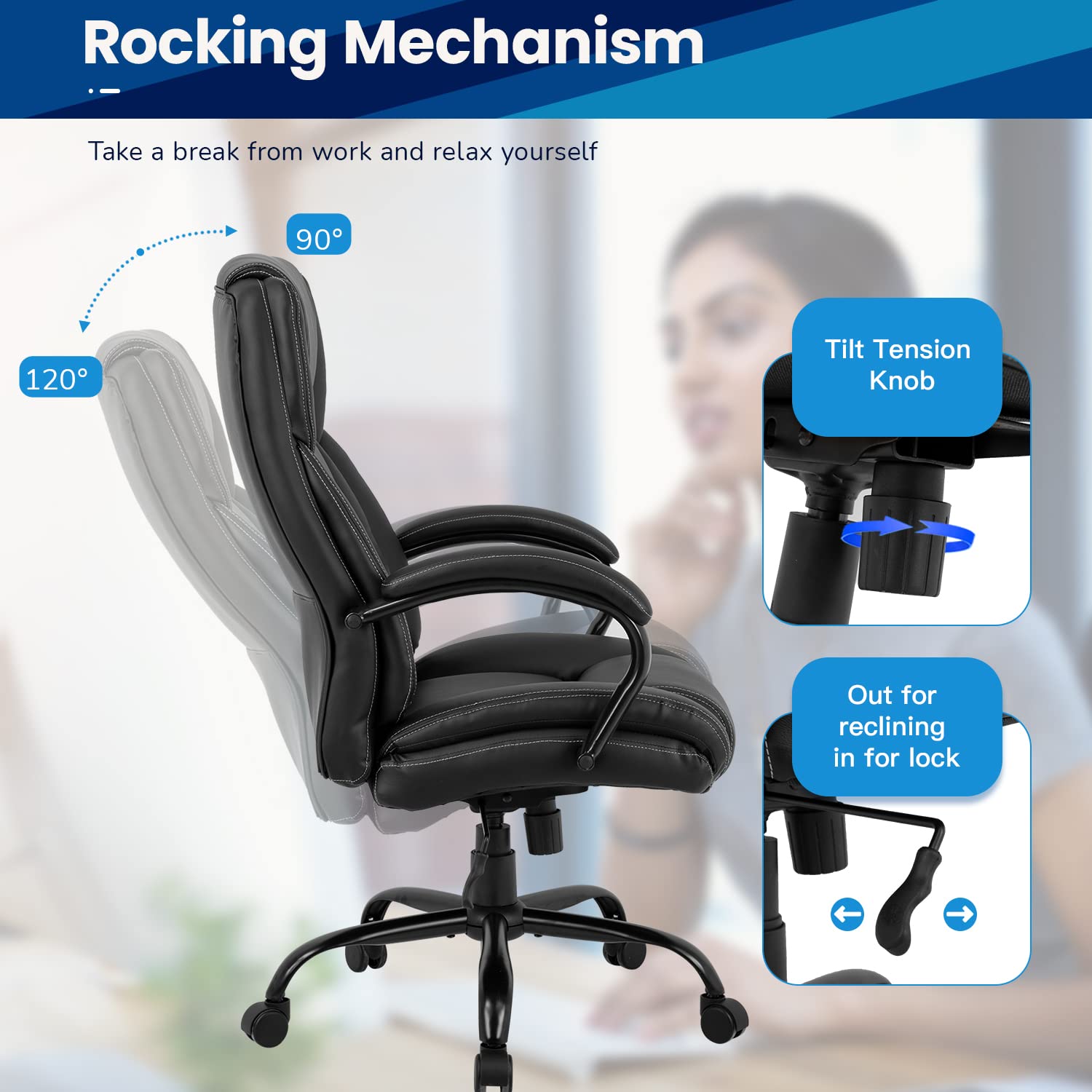 Big and Tall Office Chair 500lbs - Heavy Duty Ergonomic Executive Desk Chair with High Back, Lumbar Support & Headrest - Swivel Computer Chair for Women & Men - Black - Perfect for Home Office, Gaming & Workspaces