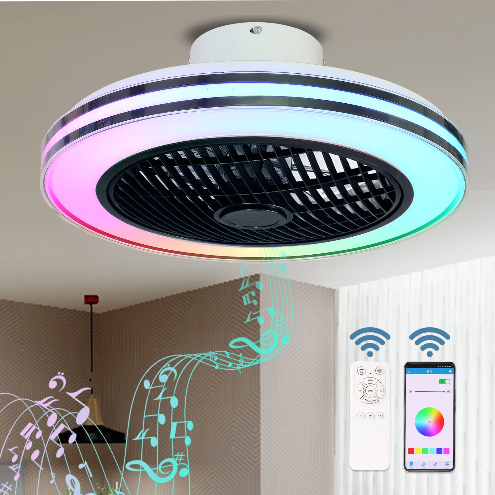 Zvaiuk 20'' Bladeless Low Profile Ceiling Fan with LED Lights & Remote Control - Modern Flush Mount Smart Ceiling Fan with App Control, Built-in Music Speaker, 6-Speed Reversible, Black Striped Design - Perfect for Bedroom, Living Room & Office Spaces