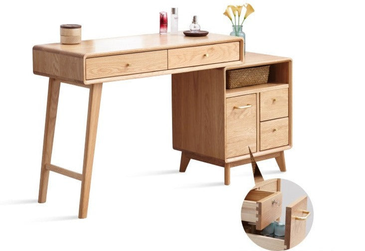 Solid Oak Wood Extendable Vanity Dressing Table with Mirror - Perfect for Bedroom Makeup & Jewelry Storage
