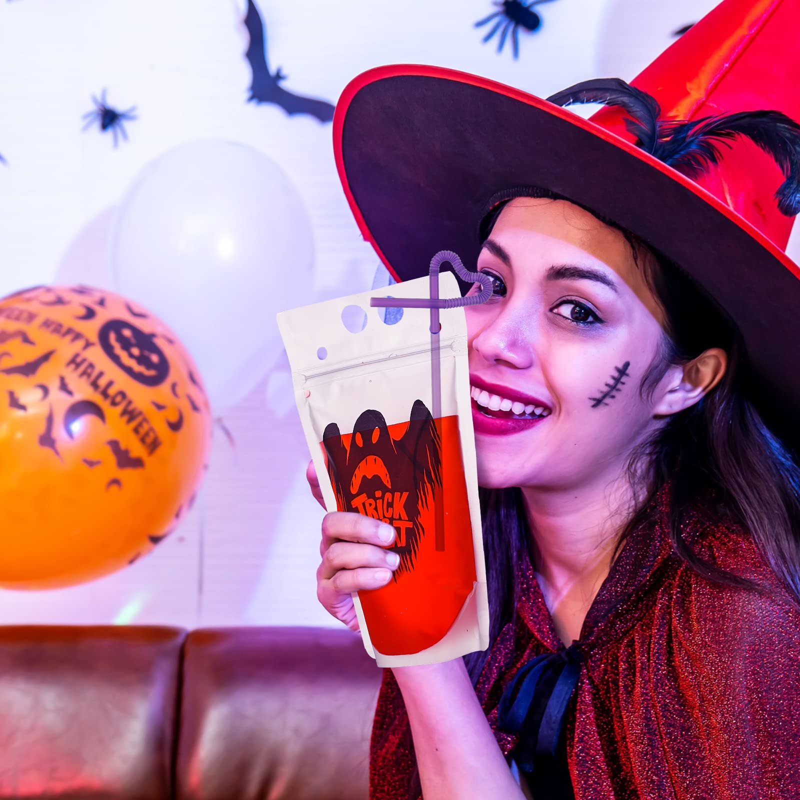 24-Pack Halloween Drink Cup Pouches with Straws - Reusable Plastic Juice Bags with Zipper for Nurse Graduation & Vampire Themed Parties - Ghost Style Halloween Party Decorations & Beverage Holders (Great for Trick-or-Treat, Costume Parties & Spooky Celebrations)