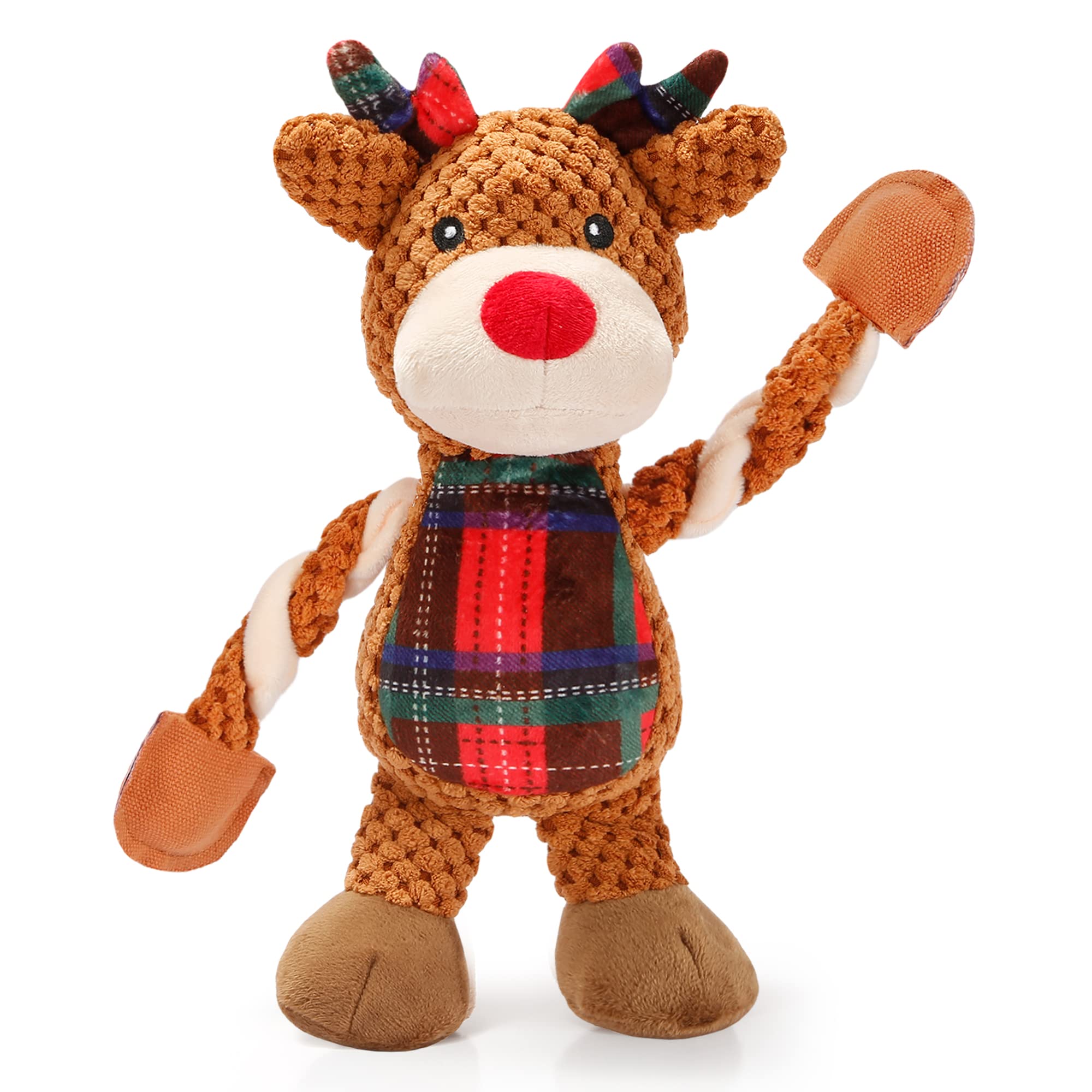 Senneny Christmas Dog Toys - Reindeer Plush Squeaky Chew Toys for Small Medium Large Dogs | Durable Interactive Pet Toy with Classic Red Green Tartan Plaid | Perfect for Holiday Playtime, Training & Gifting