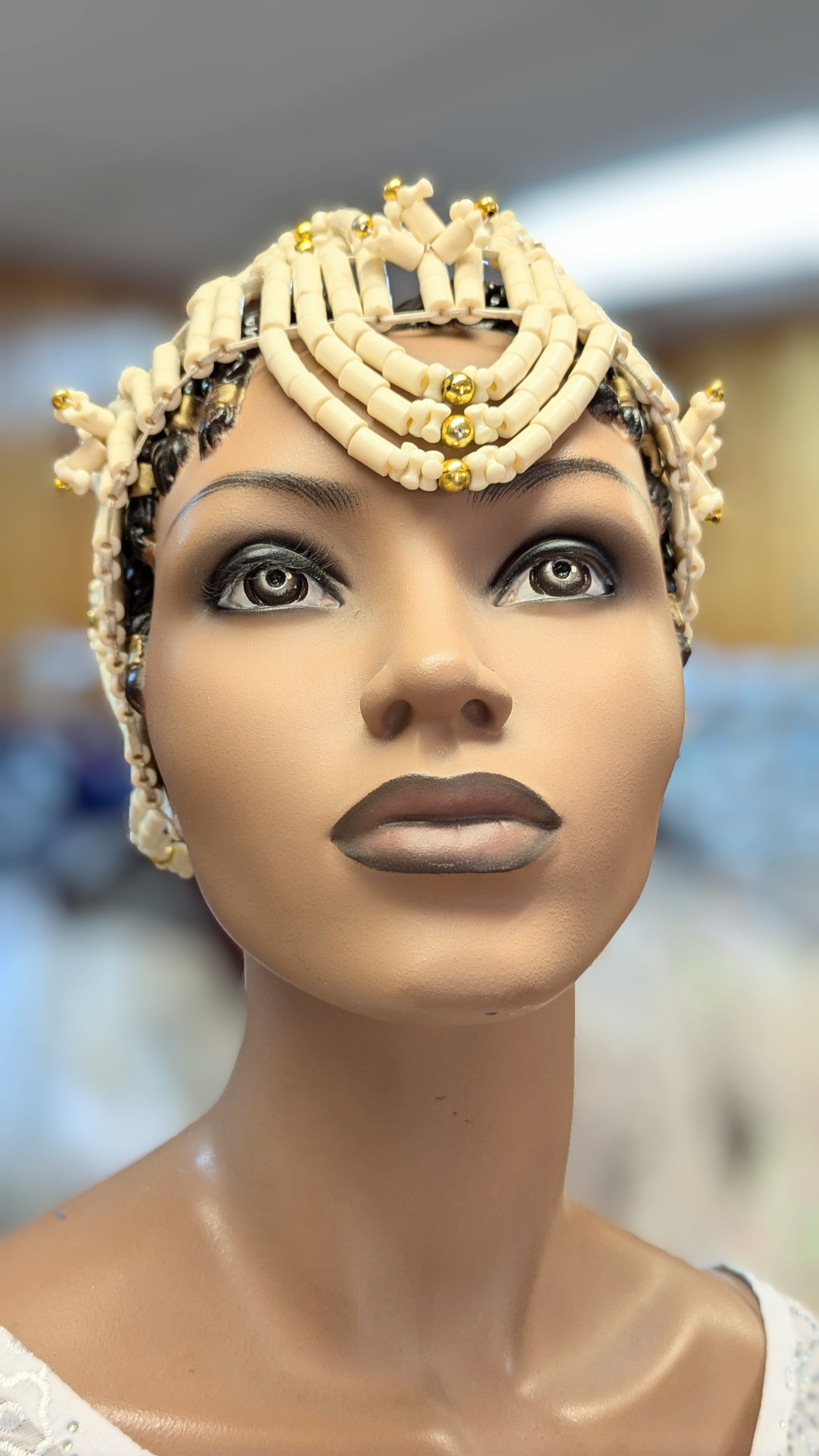 Authentic African Ivory & Gold Beaded Crown Bracelet & Earrings Set | Kelechi Igbo Edo Tribal Jewelry | Perfect for Weddings, Cultural Events & African Fashion