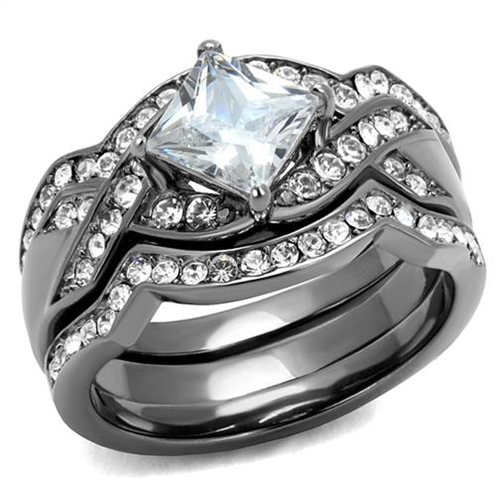 2.2Ct Black CZ Princess Cut Wedding Ring Set for Women - Elegant Stainless Steel Bridal Jewelry