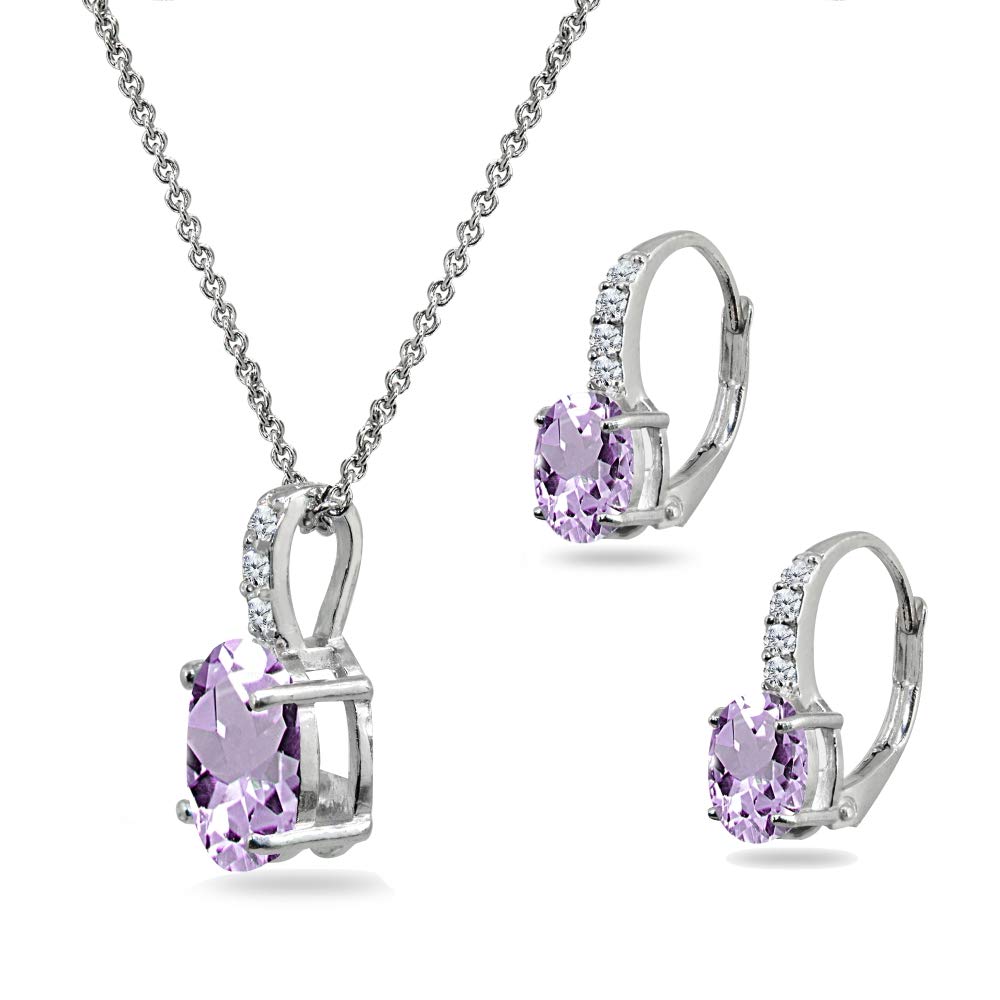 Elegant Sterling Silver Jewelry Set for Women - Oval Dainty Necklace & Drop Earrings with Genuine Synthetic Birthstone | Perfect Gift for Birthday, Anniversary & Special Occasions | Trendy Pendant Necklace & Huggie Earrings Set for Everyday Wear or Formal Events