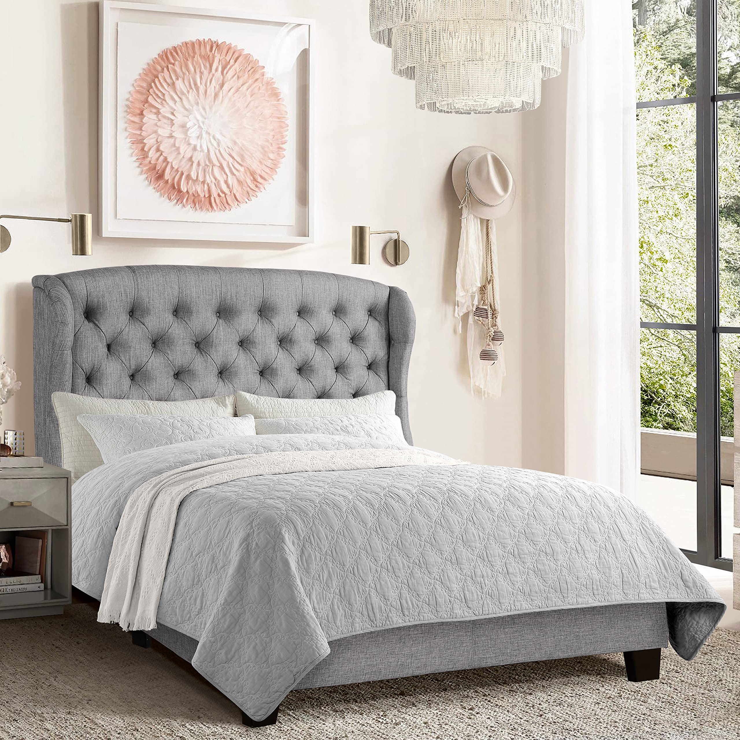 Rosevera Issac King Size Bed Frame with Adjustable Headboard & Button Tufted Design in Textile Gray - Perfect for Master Bedrooms & Guest Rooms