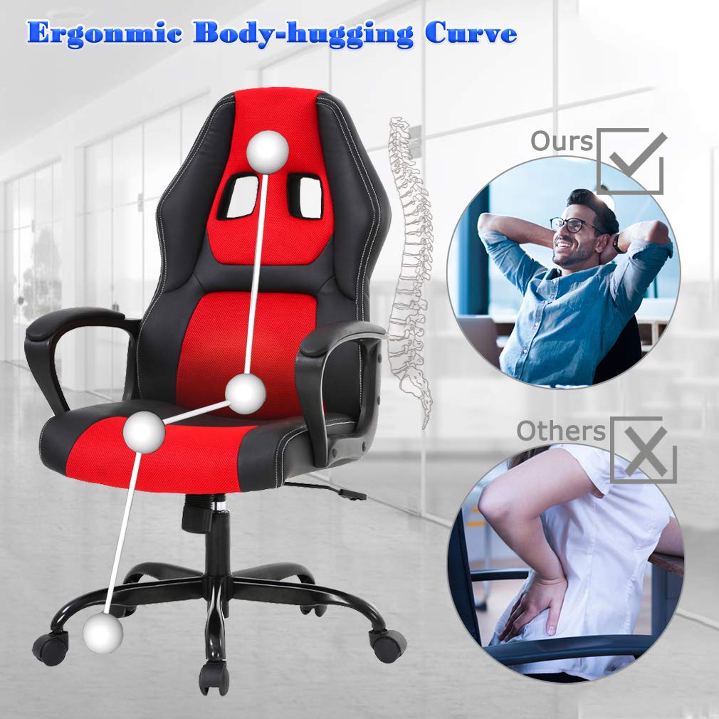 Ergonomic PU Leather Office Chair - Adjustable PC Gaming & Executive Desk Chair with Lumbar Support for Women & Men (Red) - Perfect for Home Office, Gaming Setup & Workspace Comfort