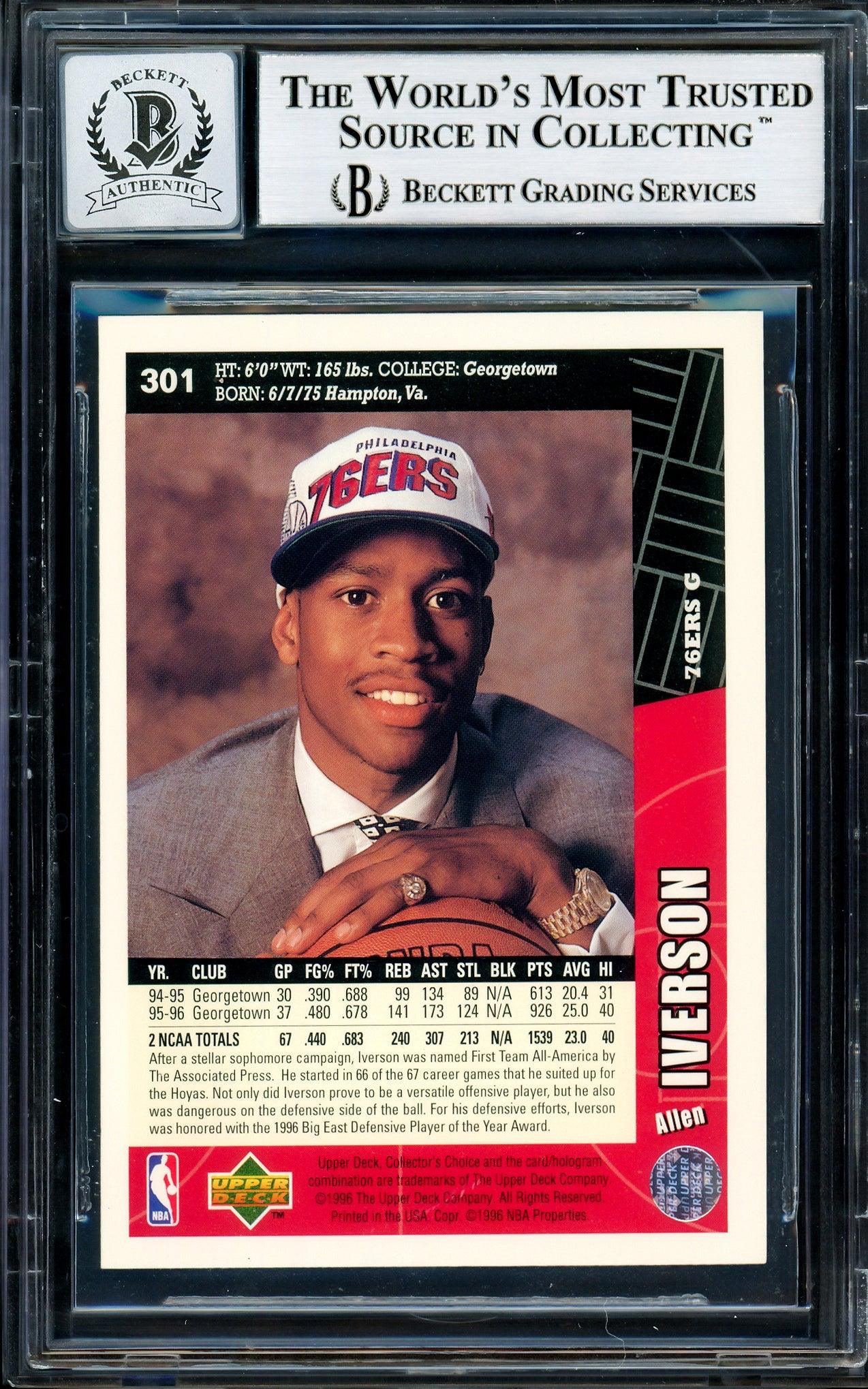 Allen Iverson Autographed 1996-97 Upper Deck Collector's Choice Rookie Card #301 - Philadelphia 76ers - Beckett BAS Gem Mint 10 Grade - Stock #205776 - Perfect for NBA Memorabilia Collectors and 76ers Fans Display