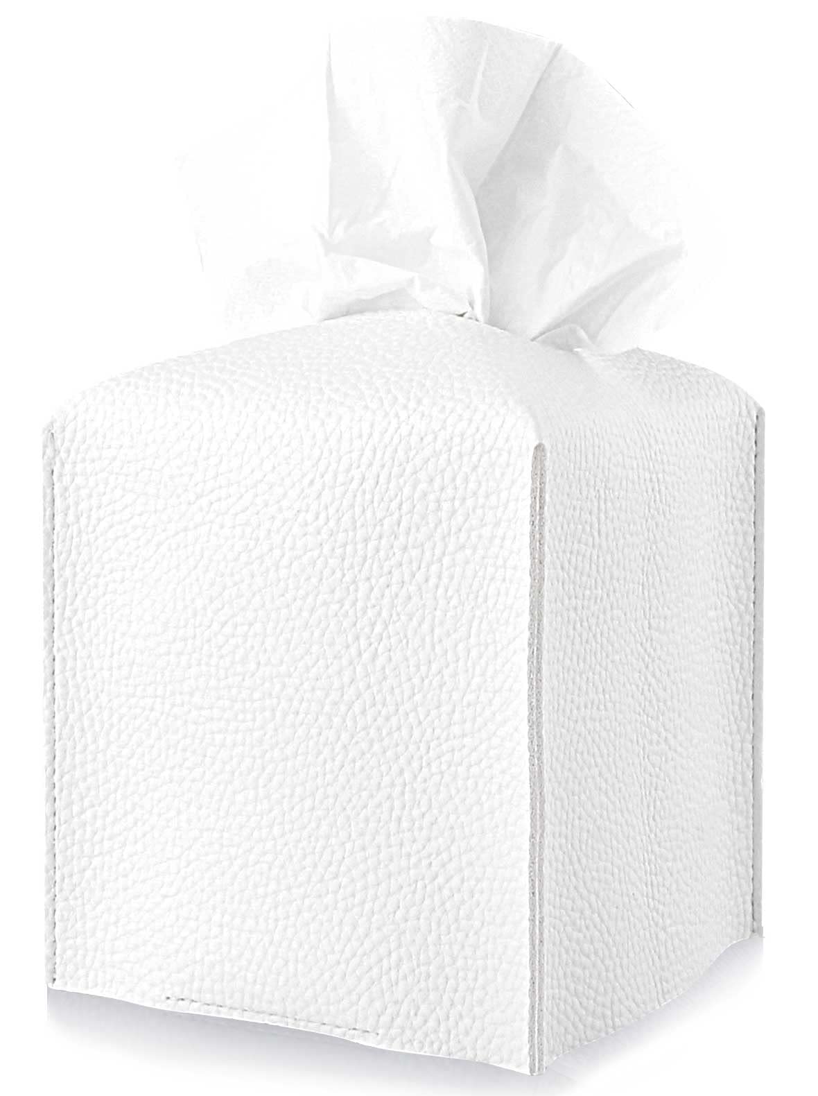 JESMINI Modern PU Leather Square Tissue Box Cover with Bottom Belt - 5x5x5 Inches, Off White | Decorative Bathroom Vanity, Nightstand & Office Desk Organizer | Perfect for Home, Office & Gift Giving