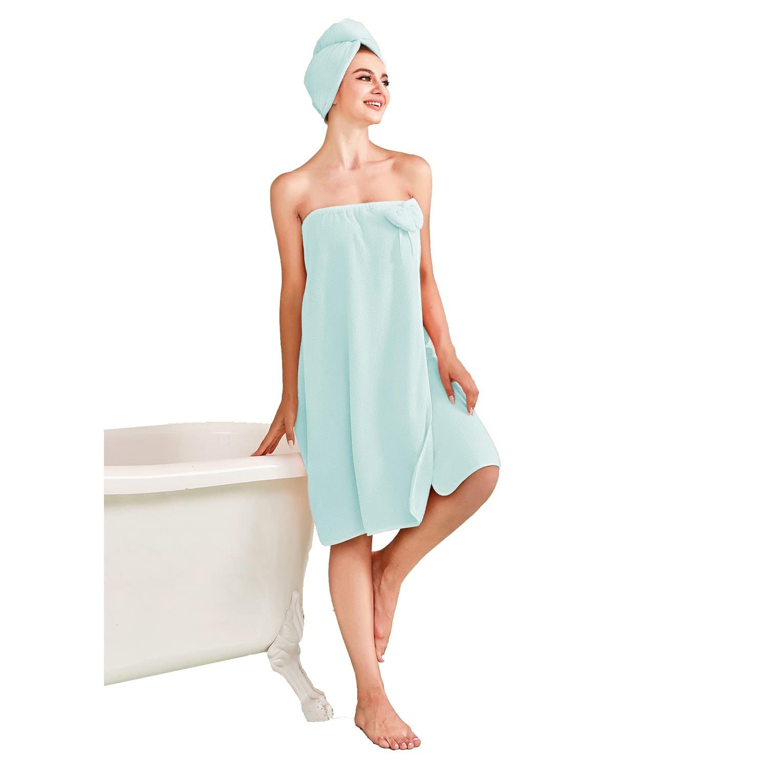 Women's Spa Wrap Towel Set - Super Soft Lightweight Fast Drying Bath Robe with Hair Towel & Secure Closure - Perfect for Post Shower, Poolside & Relaxation (Lake Blue)