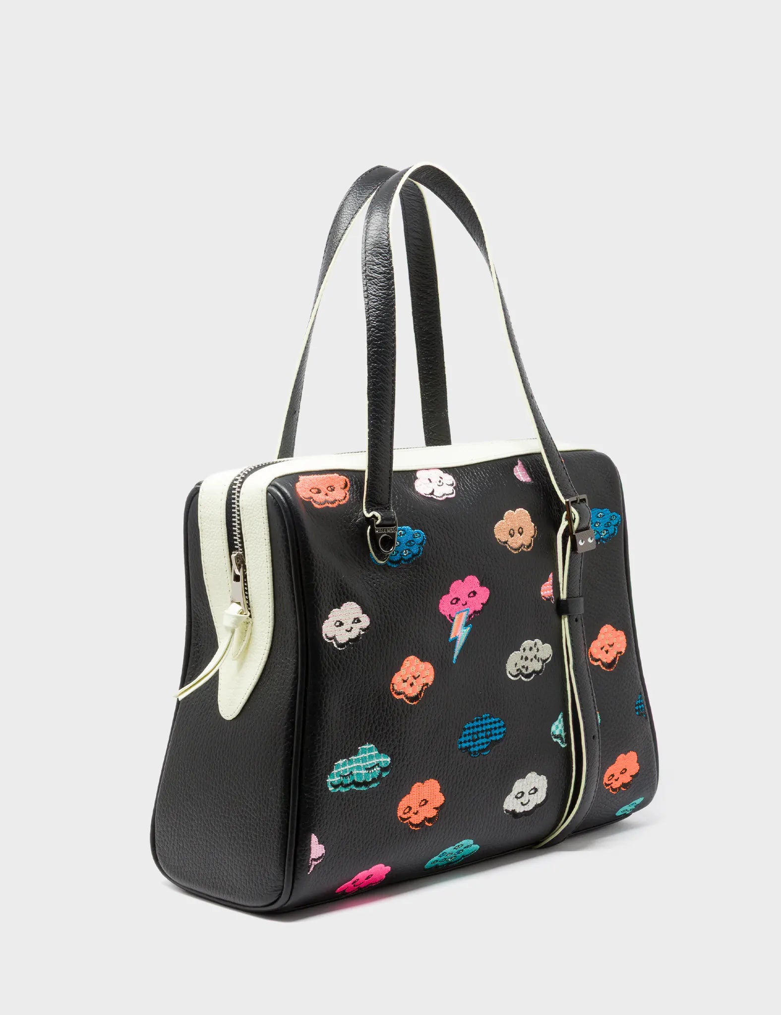 Stylish Esther Almond & Black Satchel Handbag with Happy Clouds Design - Perfect for Work, Travel, and Everyday Use