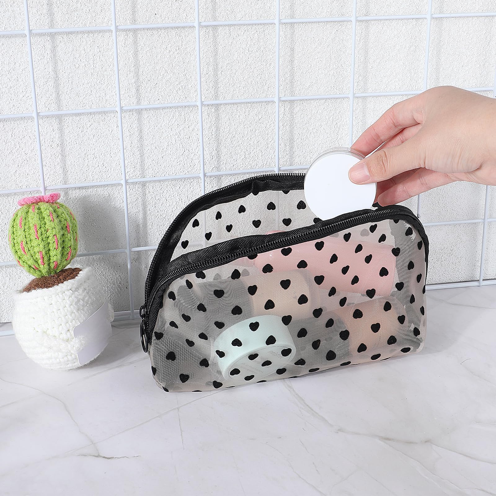 4 Pcs Heart Print Mesh Makeup Bags with Zipper - Portable Cosmetic Organizer for Women | Travel, Home & Office Storage Solution | Waterproof Makeup Pouch for Toiletries & Beauty Essentials