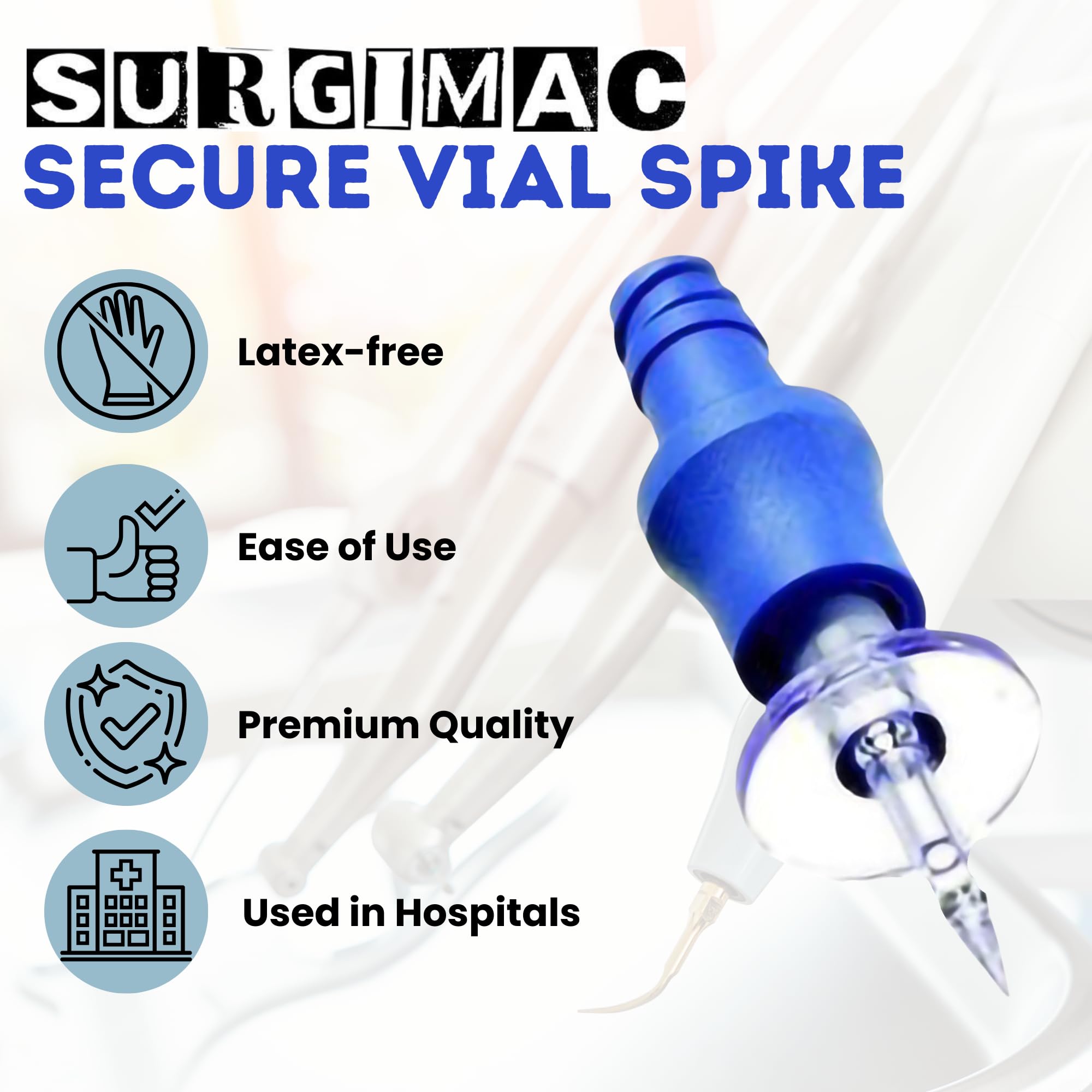 Latex-Free Vial Spike Clave with Needleless Ergonomic Grip - Secure Vial Adapter for Glass Vials (Case of 50) - Ideal for Medical Supplies, Pharmacy, Hospital, and Laboratory Use