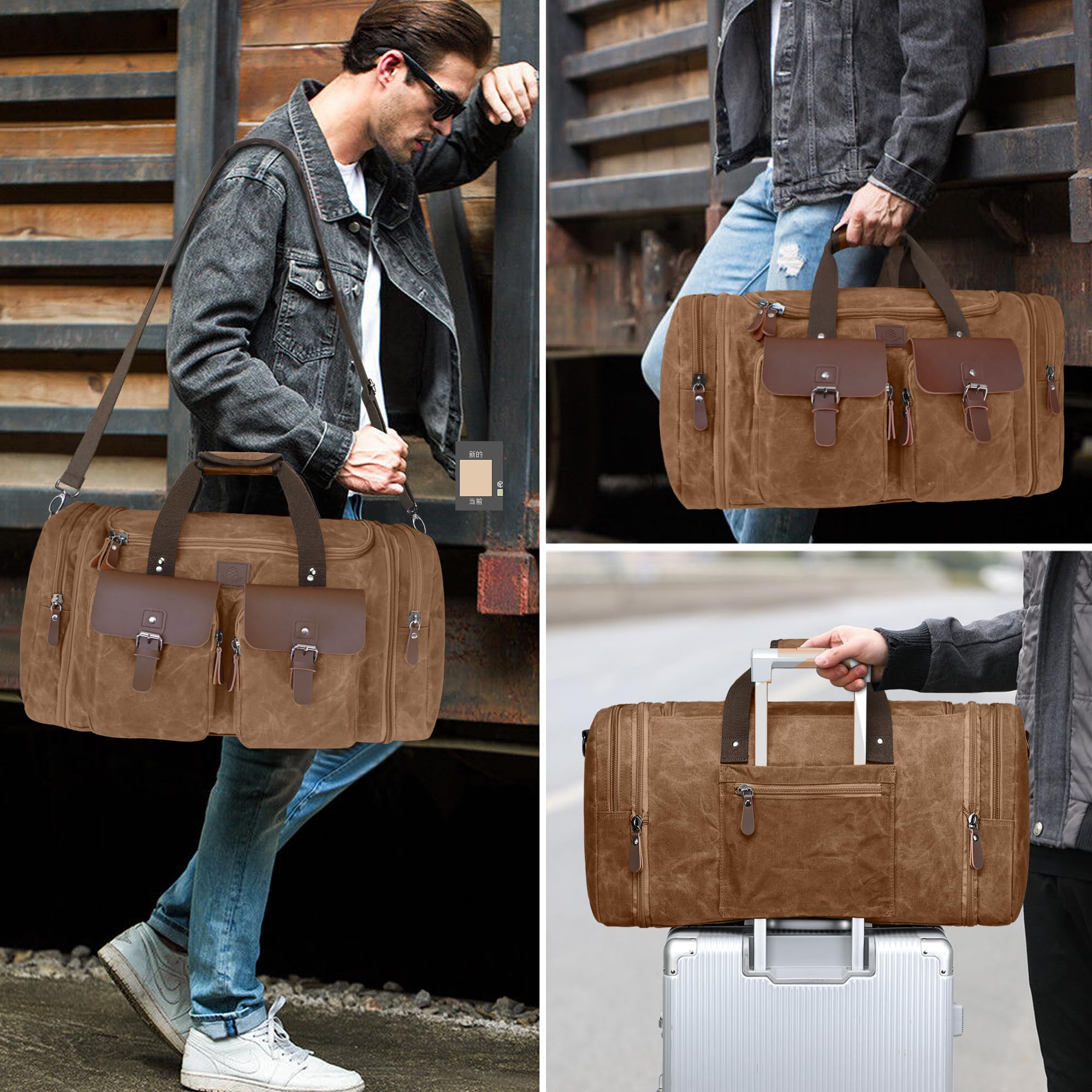 Vintage Dark Brown Expandable 60L Canvas Duffle Bag for Men - Genuine Leather Travel Duffel with Two Zipper Pockets - Perfect for Overnight Trips, Weekend Getaways & Carry-On Luggage (X-Large)