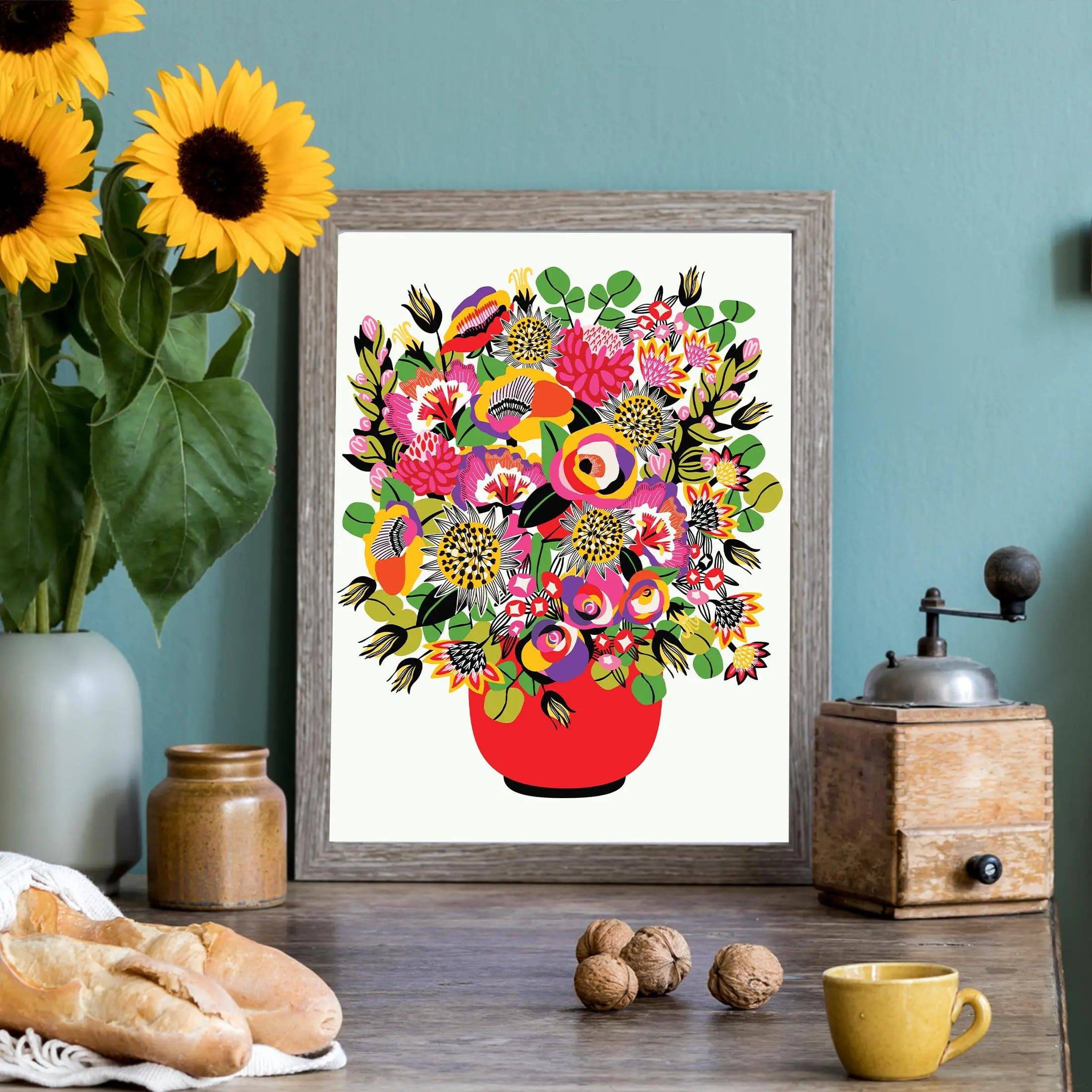 Modern Wall Art Print of Roses and Lilies in Vase - Elegant Floral Home Decor for Living Room, Bedroom & Office