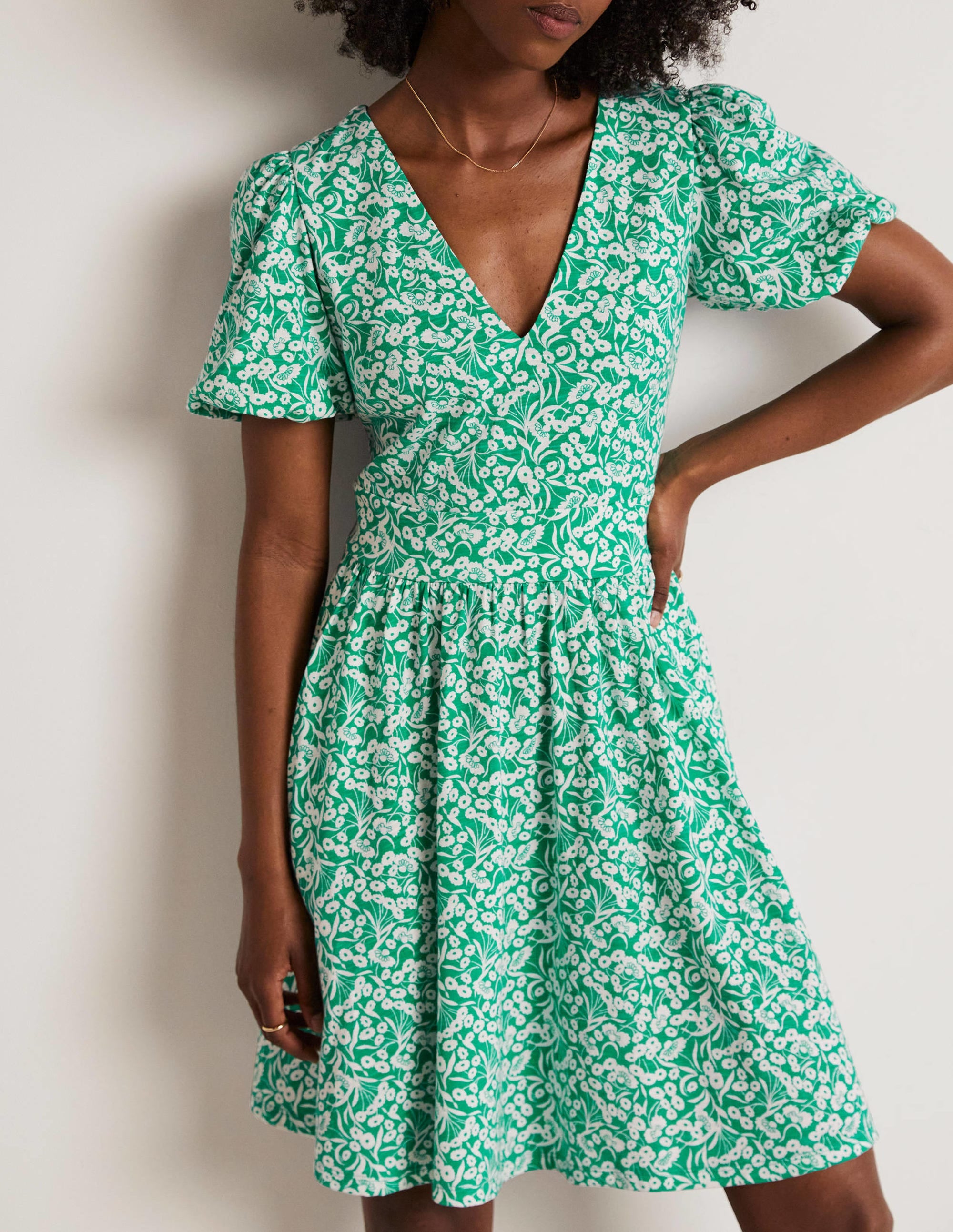 Emerald Green Back Detail Jersey Mini Dress with Floral Bud Design - Perfect for Parties, Dates & Night Out