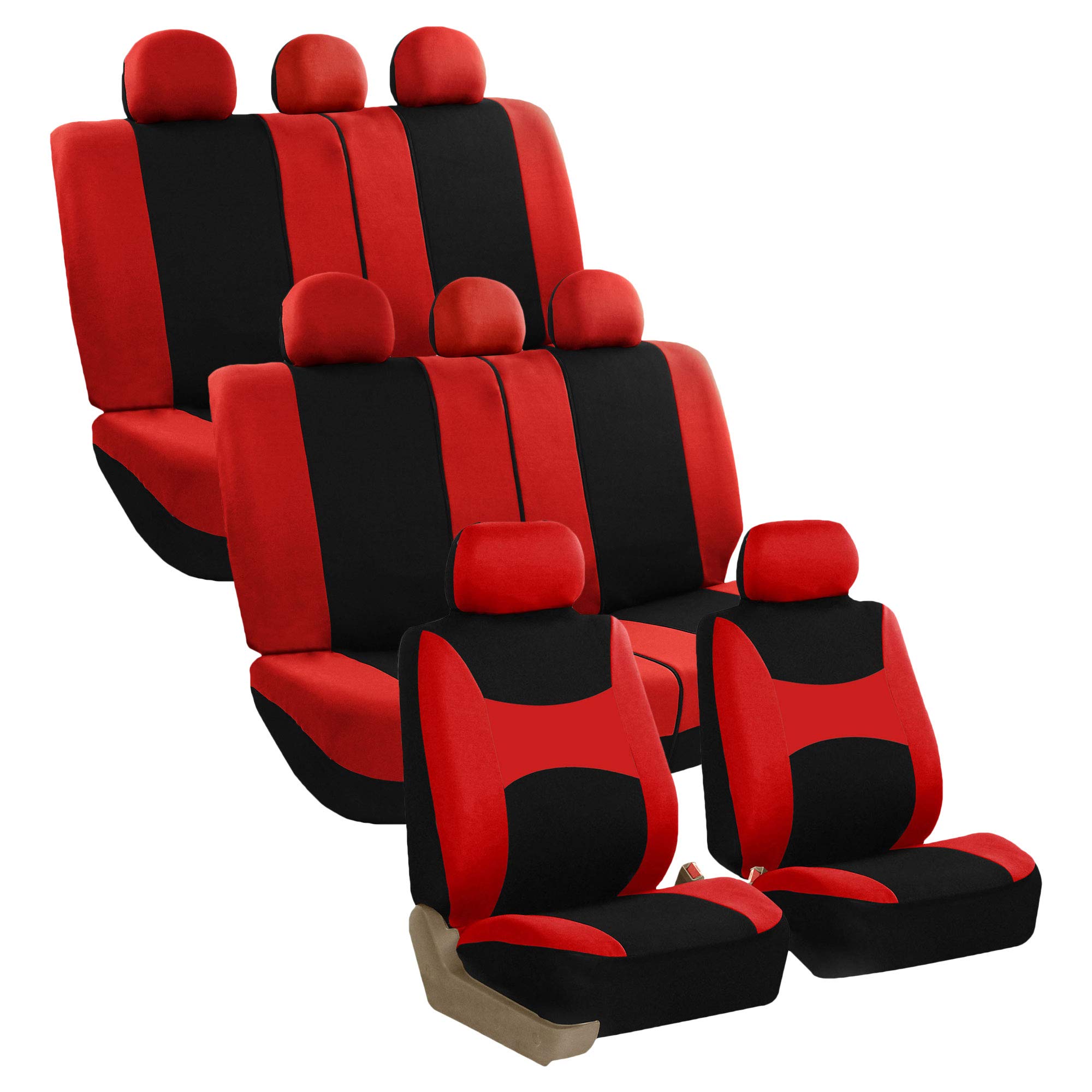 FH Group Universal Fit Automotive Seat Covers - 3 Row Set with Airbag Compatibility, Lightweight Breezy Flat Cloth Design in Red | Perfect for Cars, Trucks & SUVs | Ideal for Road Trips, Family Travel & Daily Commute