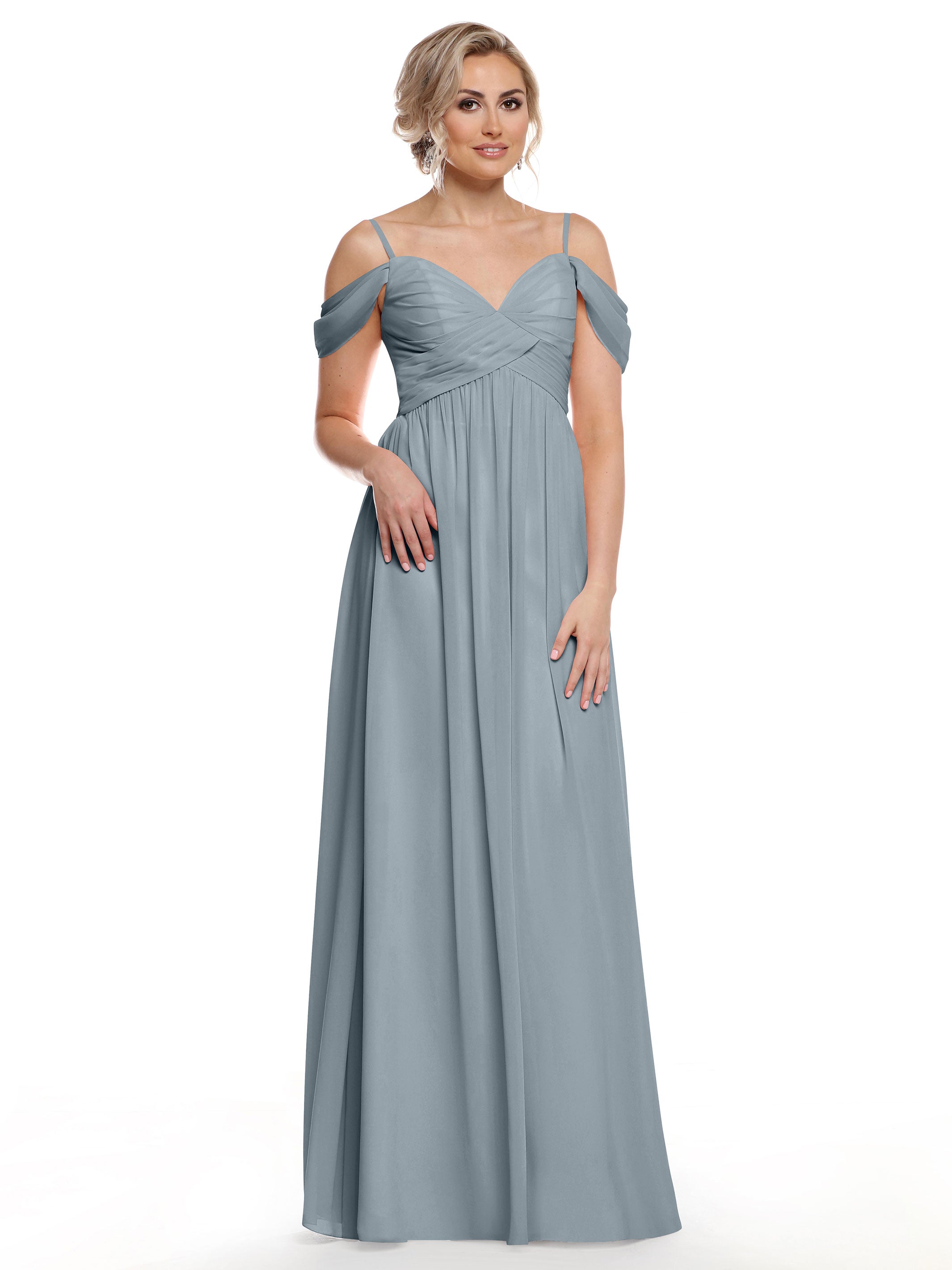 Elegant Off-the-Shoulder Chiffon Bridesmaid Dress with Spaghetti Straps - Perfect for Weddings, Formal Events & Special Occasions