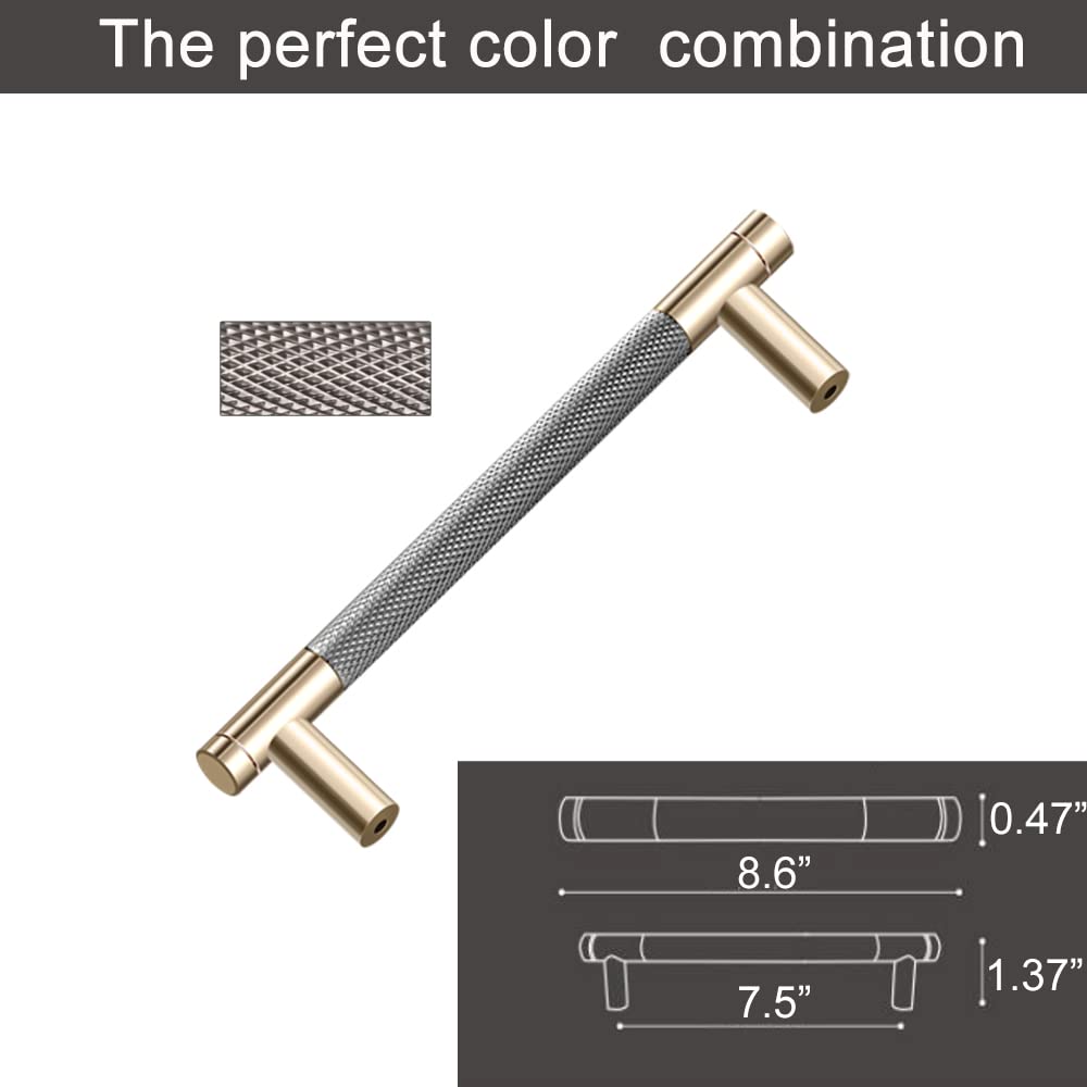 24 Pack 7.5 Inch (192mm) Gold & Grey Knurled Cabinet Pulls - Brushed Gold Aluminum Drawer Handles for Kitchen Cabinets, Dressers & Furniture Hardware (Modern Home Decor Upgrade)