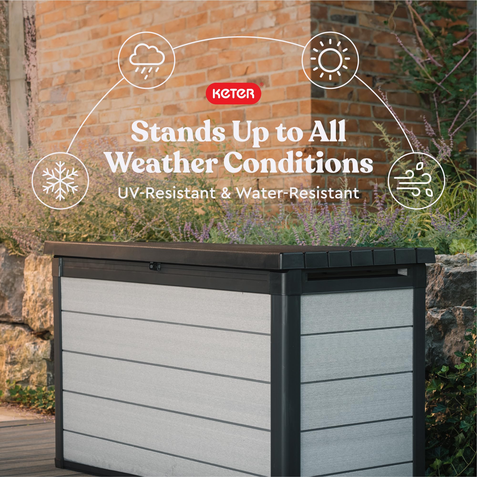 Keter Denali 200 Gallon Resin Deck Box with Double Wall 20mm Panels - Paintable & Drillable Outdoor Storage for Patio Furniture, Cushions, Pool Toys & Garden Tools - Grey & Black Weatherproof Organizer