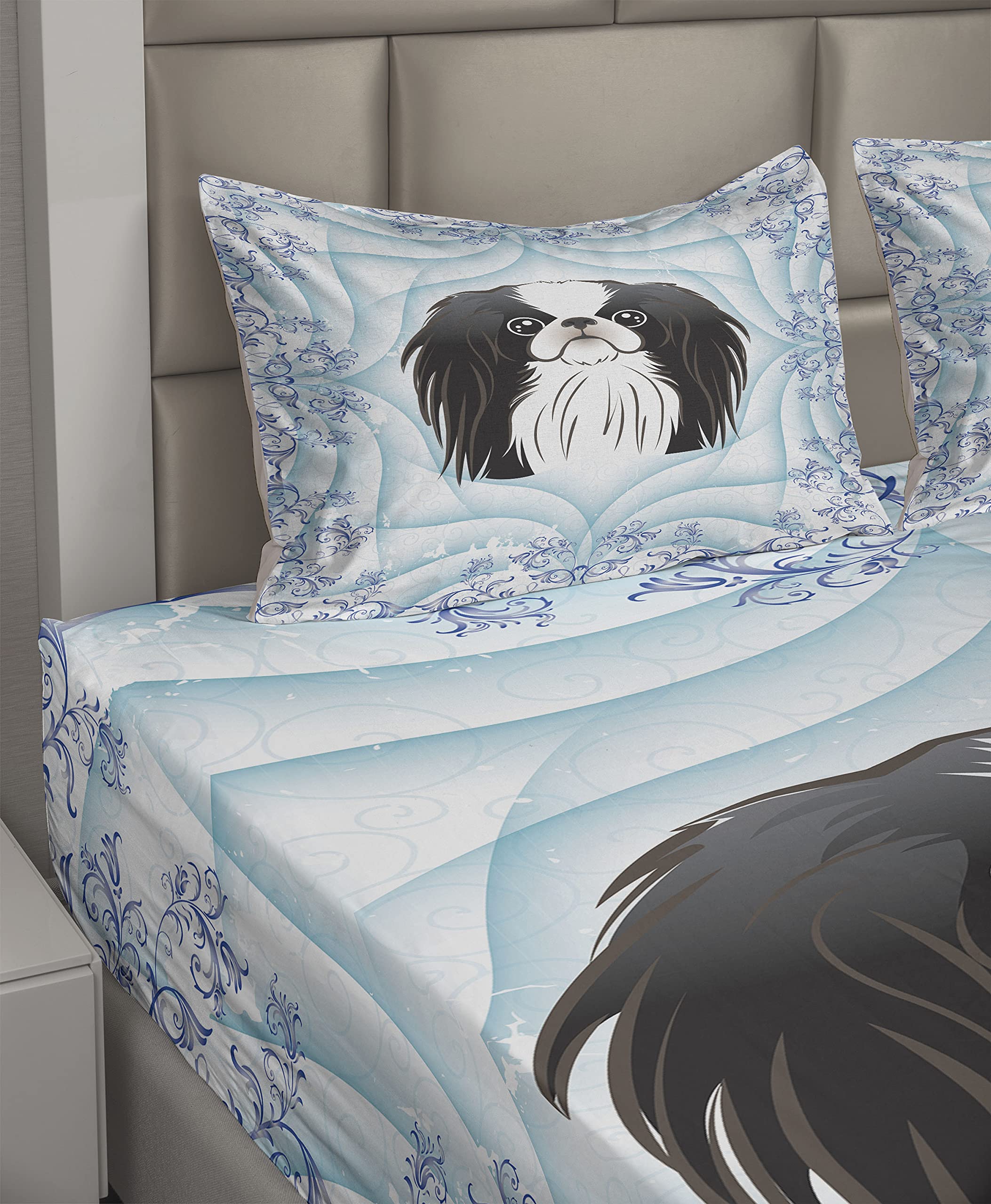 Ambesonne 4-Piece Dog Sheet Set - Funny Cartoon Puppy Floral Design Fitted & Flat Sheets with Pillowcases, King Size Pale Blue Lavender Bedding | Perfect for Pet Lovers' Bedrooms, Guest Rooms & Kids' Rooms