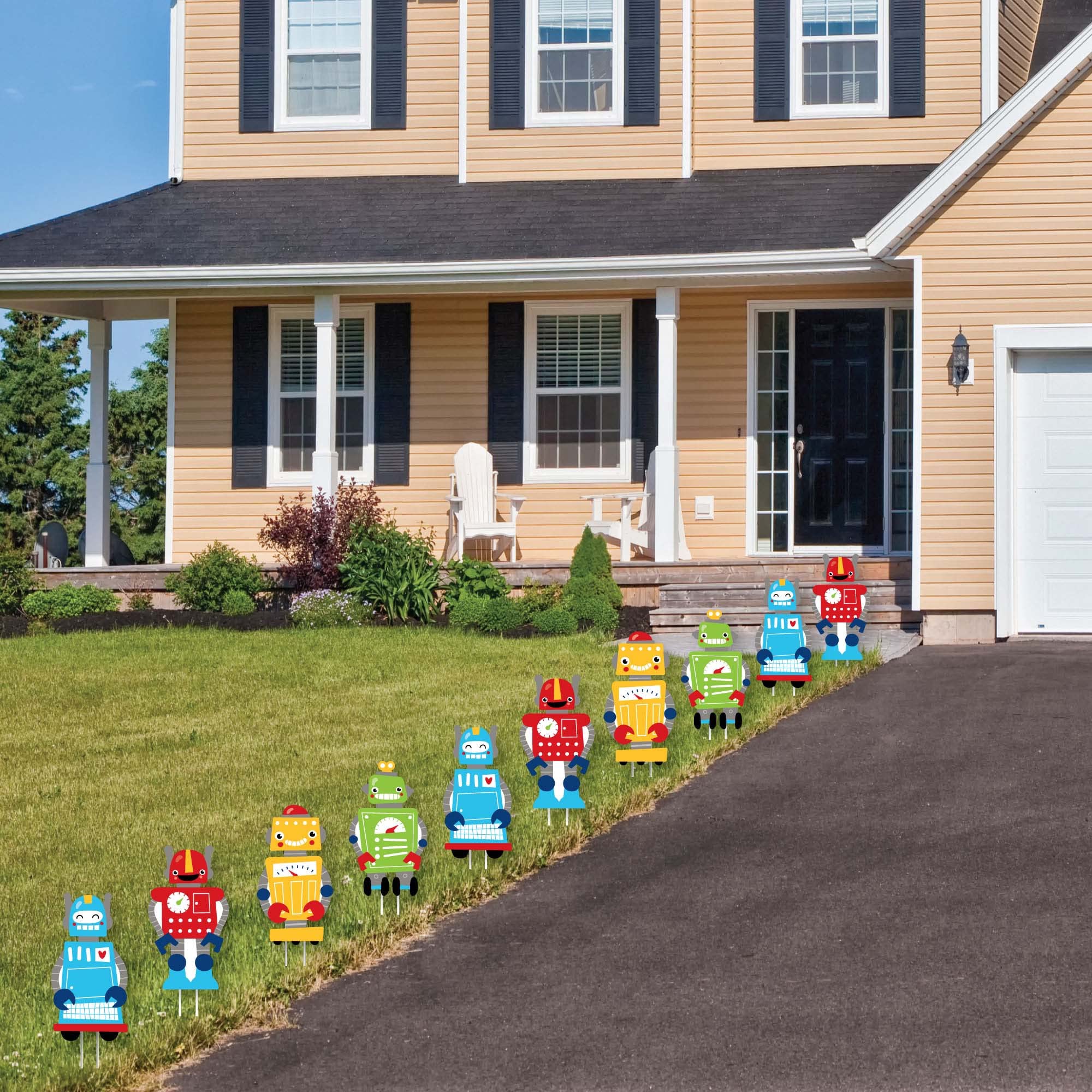 Big Dot of Happiness Gear Up Robots - 10-Piece Outdoor Lawn Decorations Set for Birthday Parties, Baby Showers, and Garden Decor - Perfect for Kids' Events and Backyard Celebrations