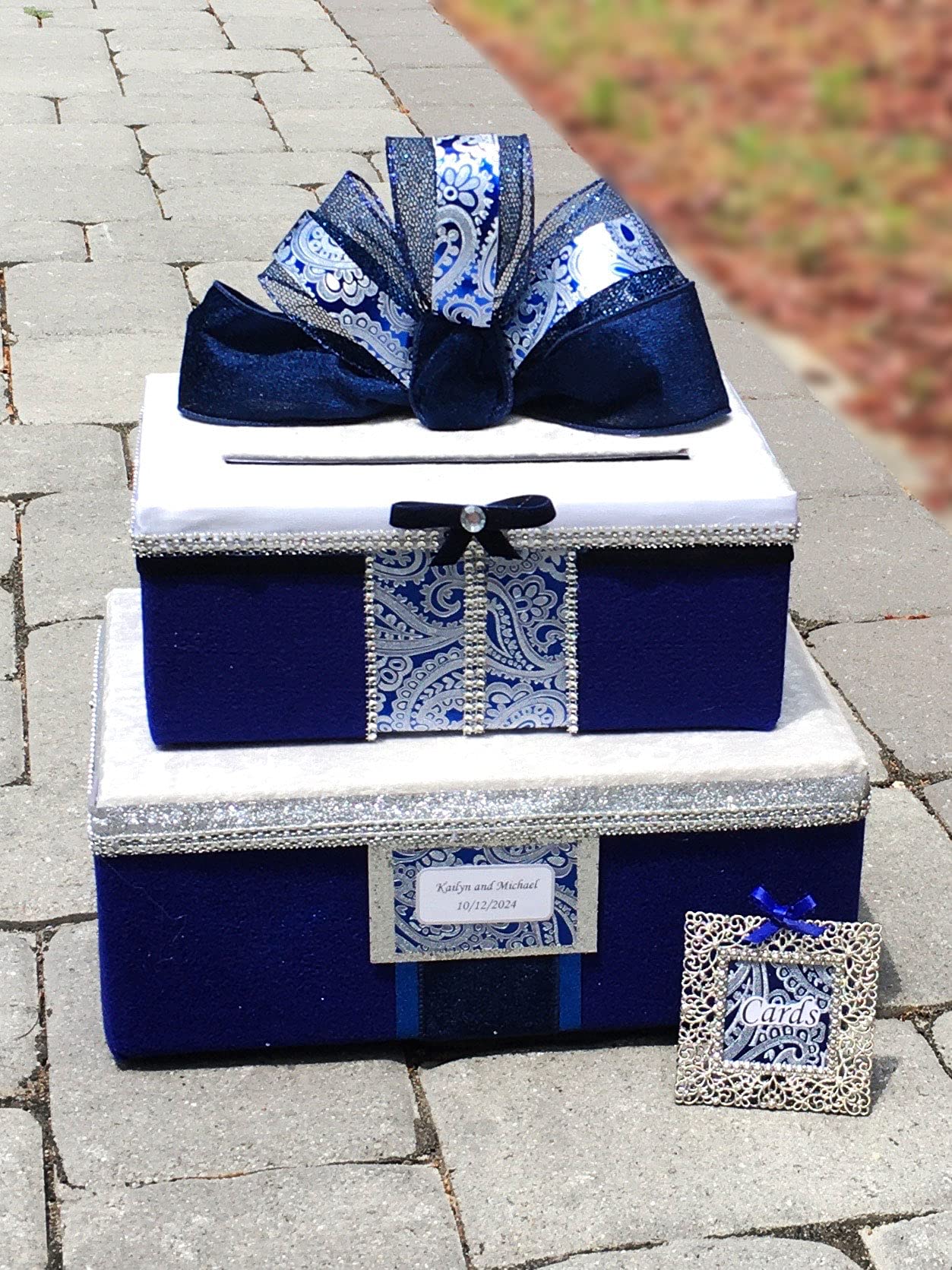 Royal Blue & Silver Wedding Card Box with Slot - 2-Tier Fabric Gift Holder for 80 Cards | Personalized Bridal Shower, Anniversary & Reception Decor