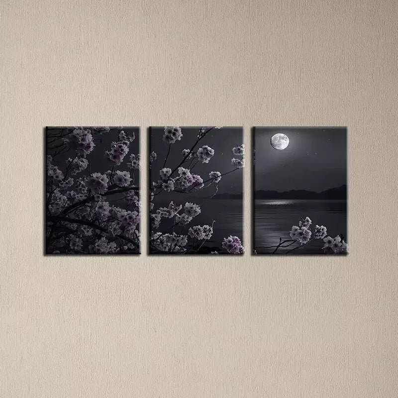 Floral Bliss by the Lake & Moon View Wall Art Set - 3 Piece Framed Canvas Prints 50x70cm - High Quality Australian Made Wall Decor - Perfect for Living Room, Bedroom & Office Decor