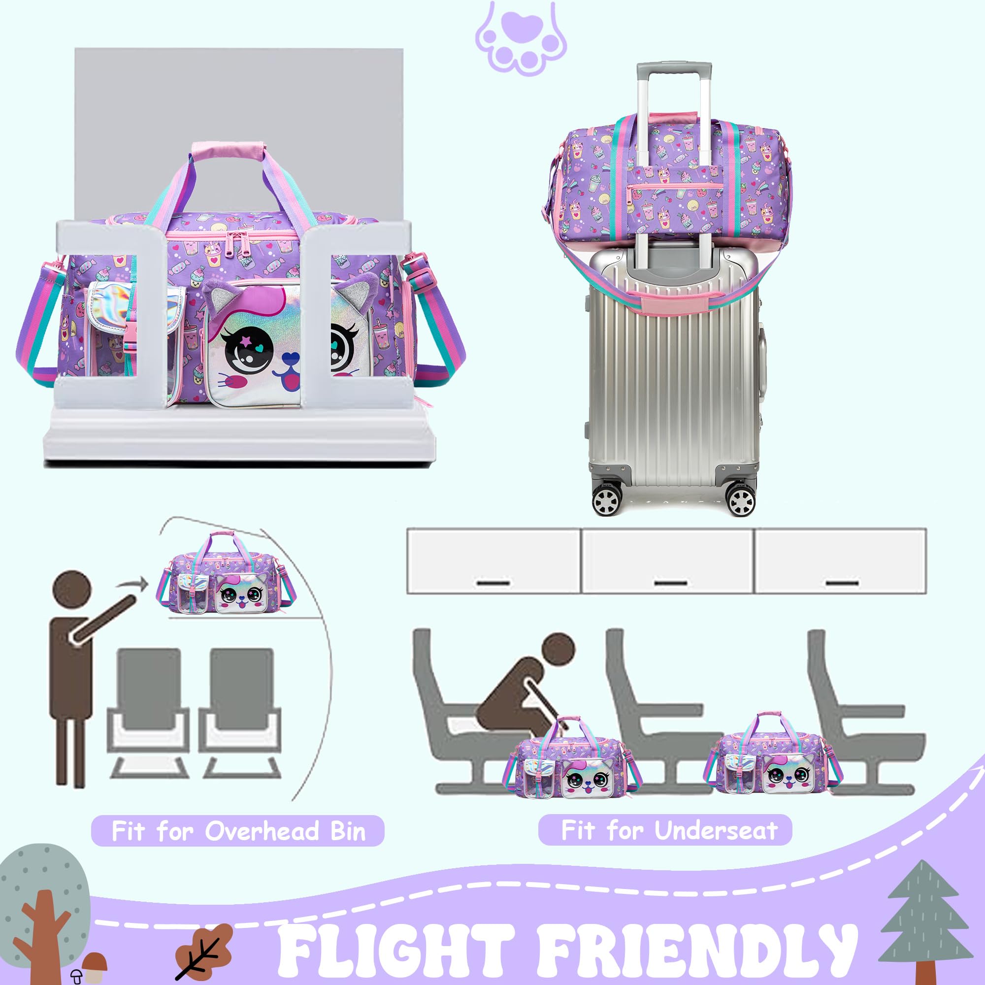 Kids Travel Duffle Bag - Cute Cat Design Gym & Dance Bag for Girls with Shoe Compartment | Perfect for Sleepovers, Sports & School Activities