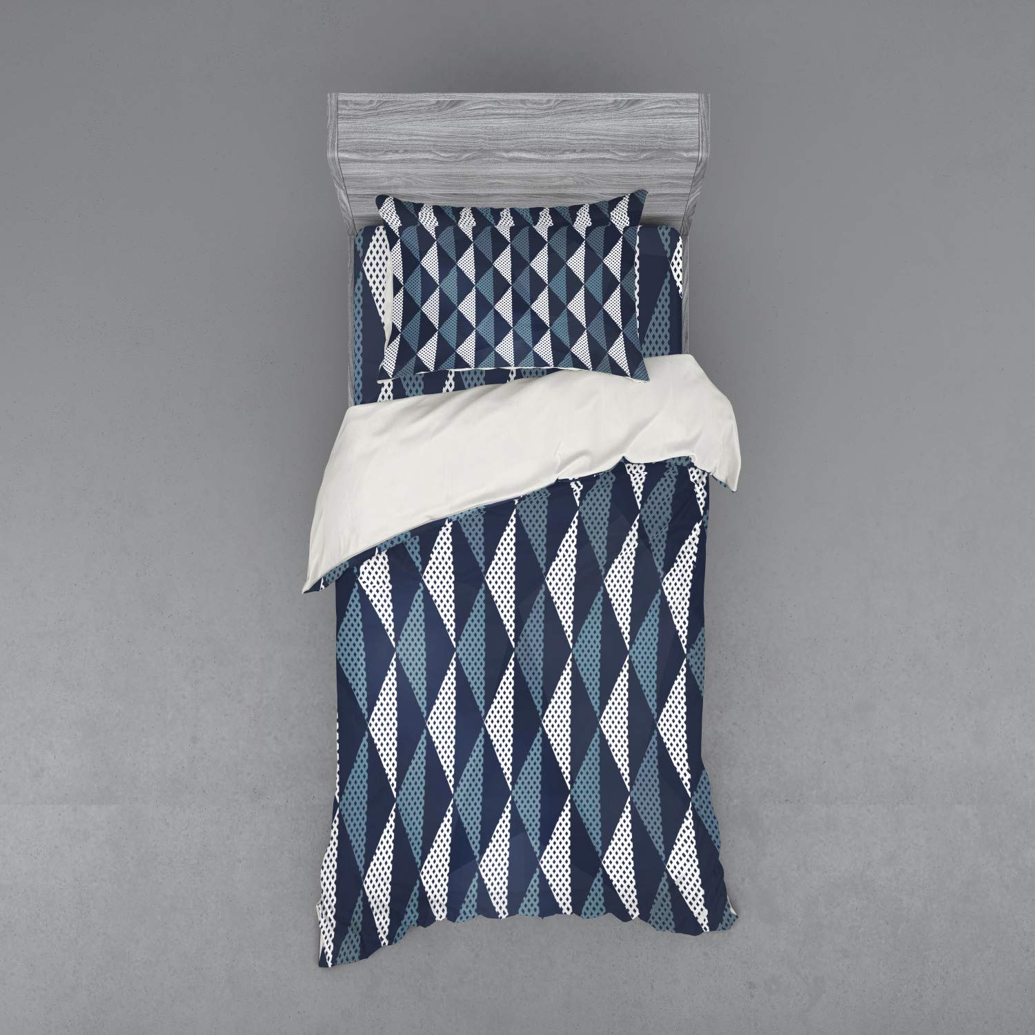 Ambesonne Geometric Bedding Set - Abstract Rhombus & Dot Pattern Retro Duvet Cover with Sham & Fitted Sheet, Twin XL Size in Blue-Grey Dark Blue White | Perfect for Modern Bedrooms, Guest Rooms & Dorm Decor