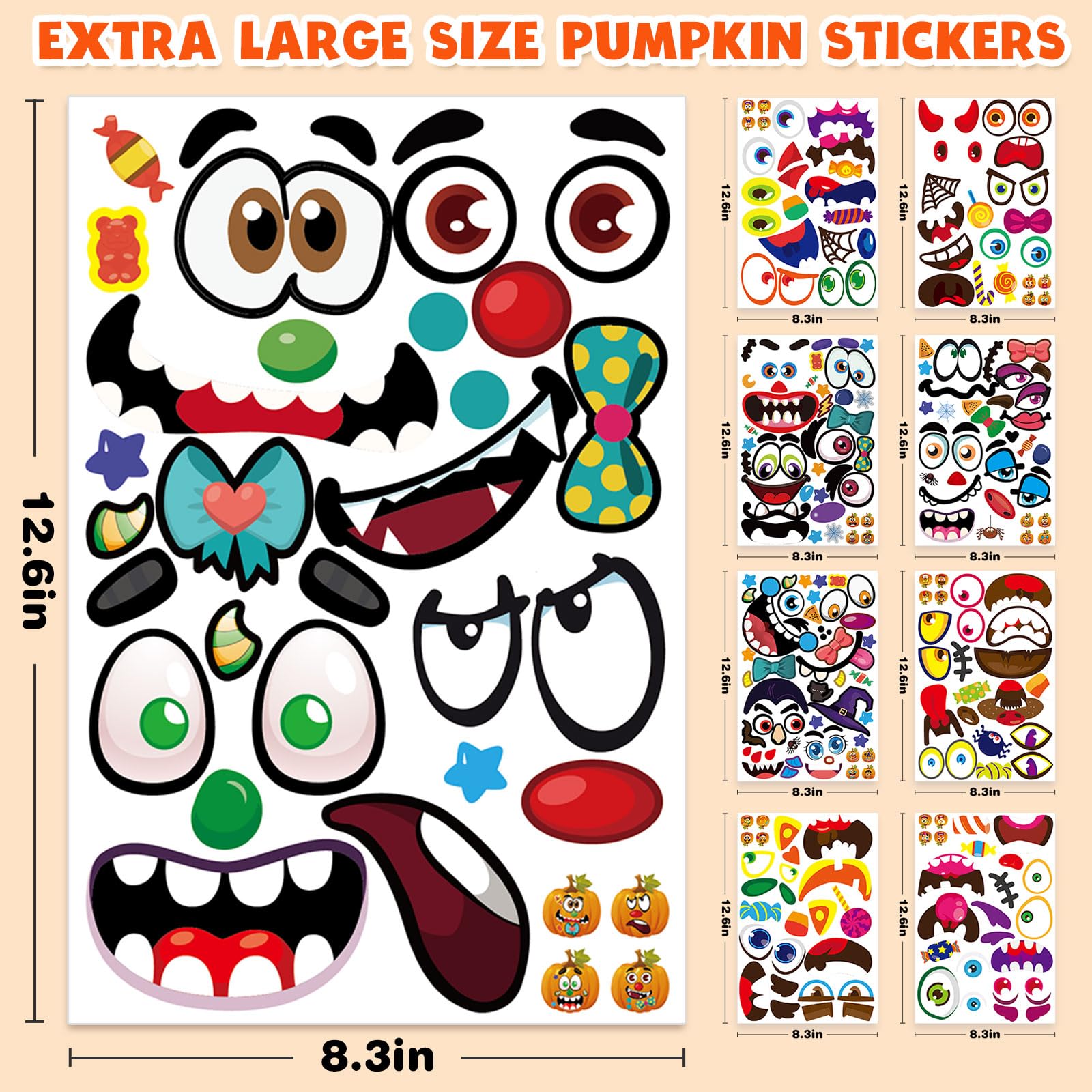 Halloween Stickers for Kids - 48 Large Pumpkin Face Decorating Stickers Bulk Pack | Perfect for Classroom Crafts, Party Favors & DIY Halloween Decorations